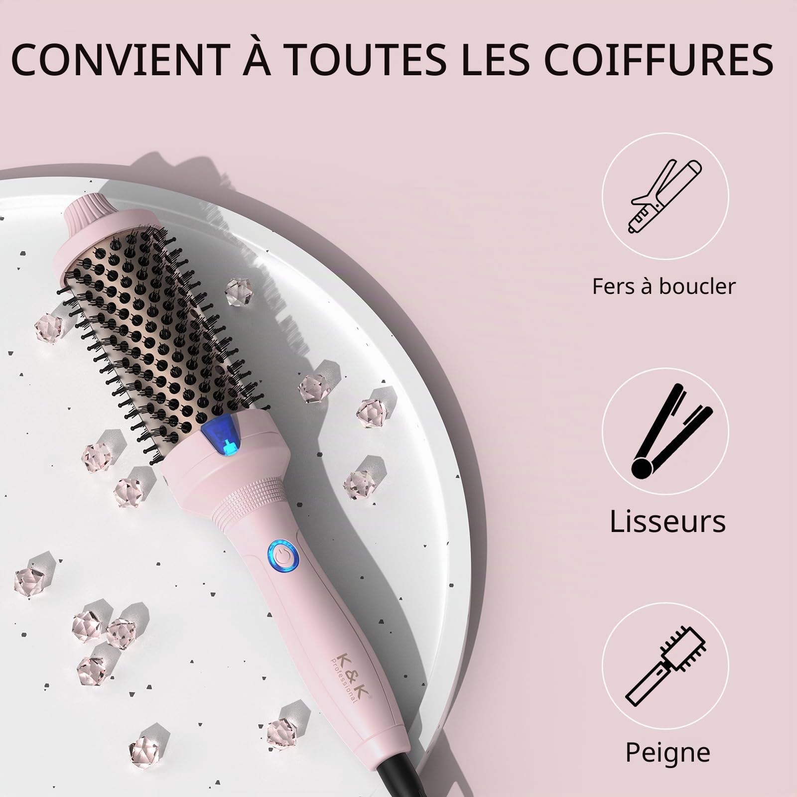 K&K Brosse thermique Keratin Thermal Brush Protect Tonneau chauffant Brosse à cheveux chaude ionique lisse Peigne volume Lisseur Bigoudis Outil de coiffage, Double tension (45 mm)