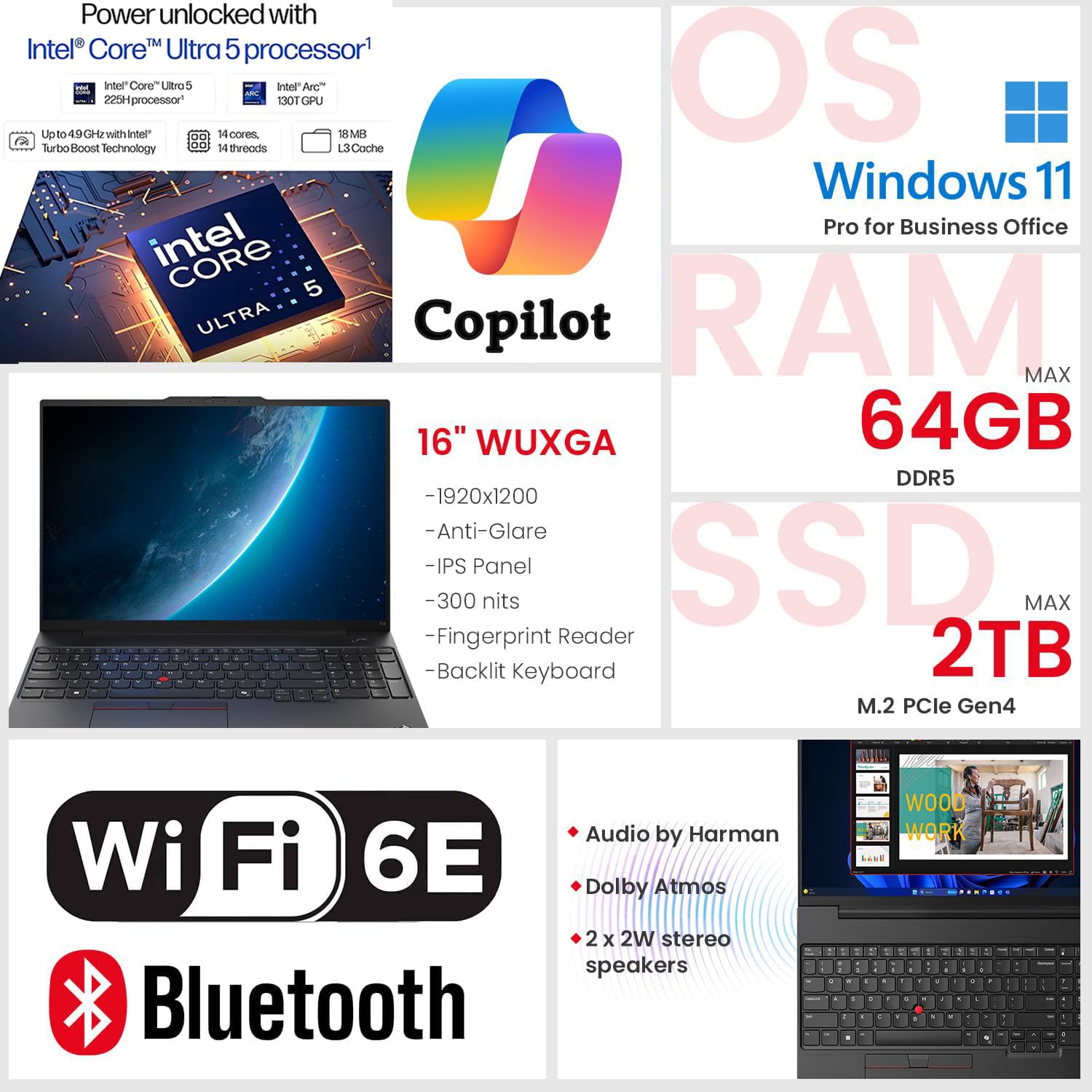 Lenovo ThinkPad E16 Laptop Computer for Business, Intel Ultra 5 225H (up to 4.9 GHz), 16GB DDR5 & 1TB PCIe SSD, Triple 4K Display Output, Fingerprint Reader, Windows 11 Pro, Carbon Black