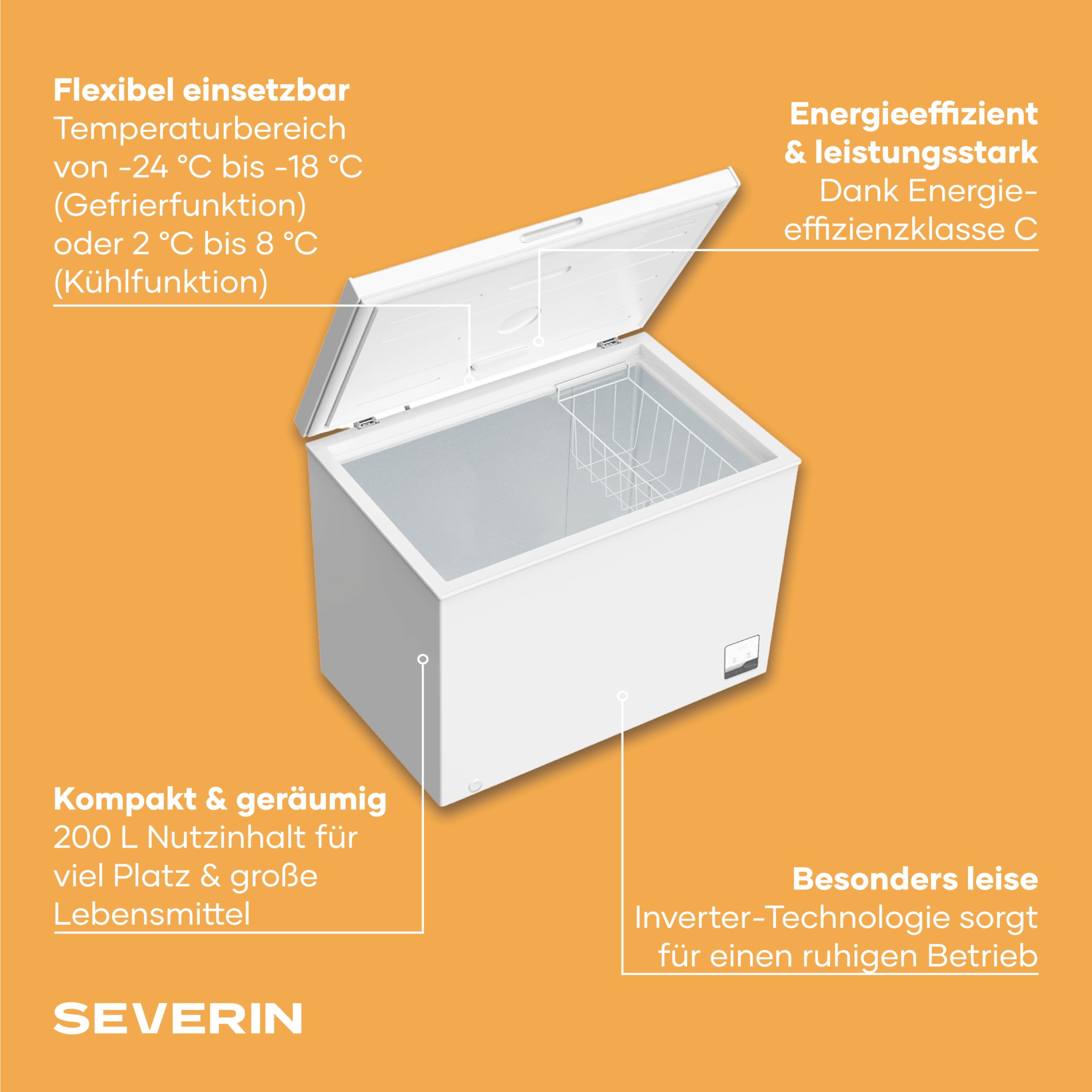 Severin Gefriertruhe, 200L, 4-Sterne-Gefrieren, -24°C, Inverter, 39 dB | Geringe Lautstärke, Freistehend, Energieeffizienzklasse C, Inverter, 32 kg, 98,0 x 54,6 x 82,5 cm, freezer, weiß, 8849