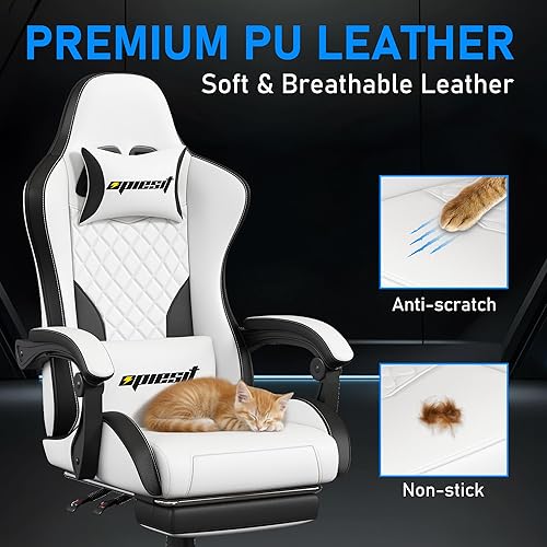 Miniatura 6 de Silla de juegos, sillas ergonómicas de computadora para adultos con reposapiés, silla de oficina de piel PU con soporte lumbar ajustable y cojín de