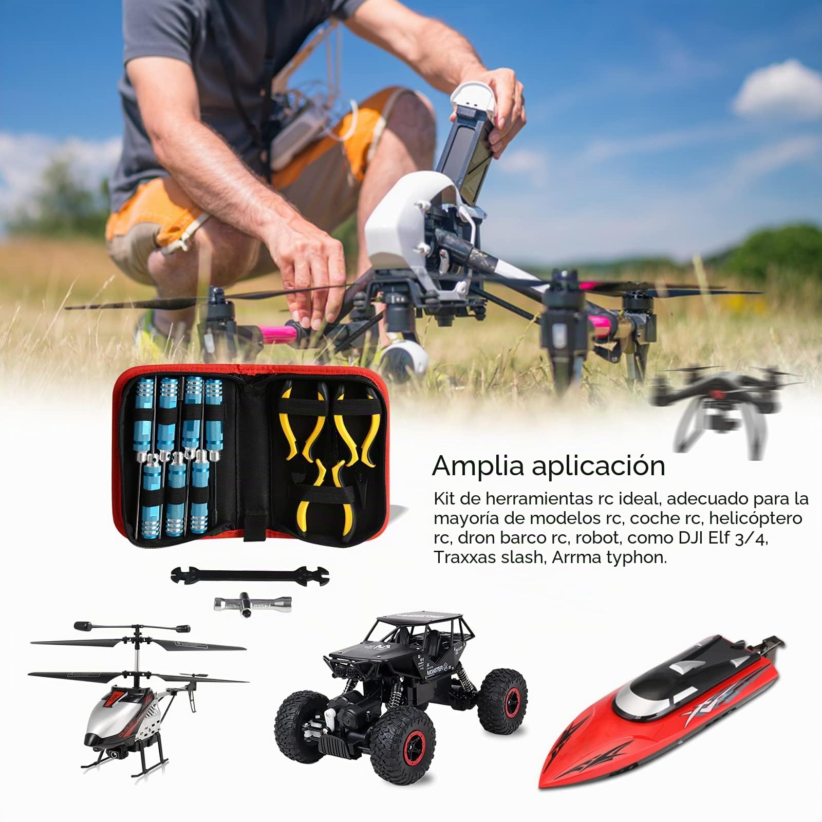 12Pcs RC Coche Herramientas Juego de destornilladores con alicates Llave de tubo Hobby Herramientas Juegos para RC Coche Drone Avión Helicóptero Herramienta de reparación (Azul)