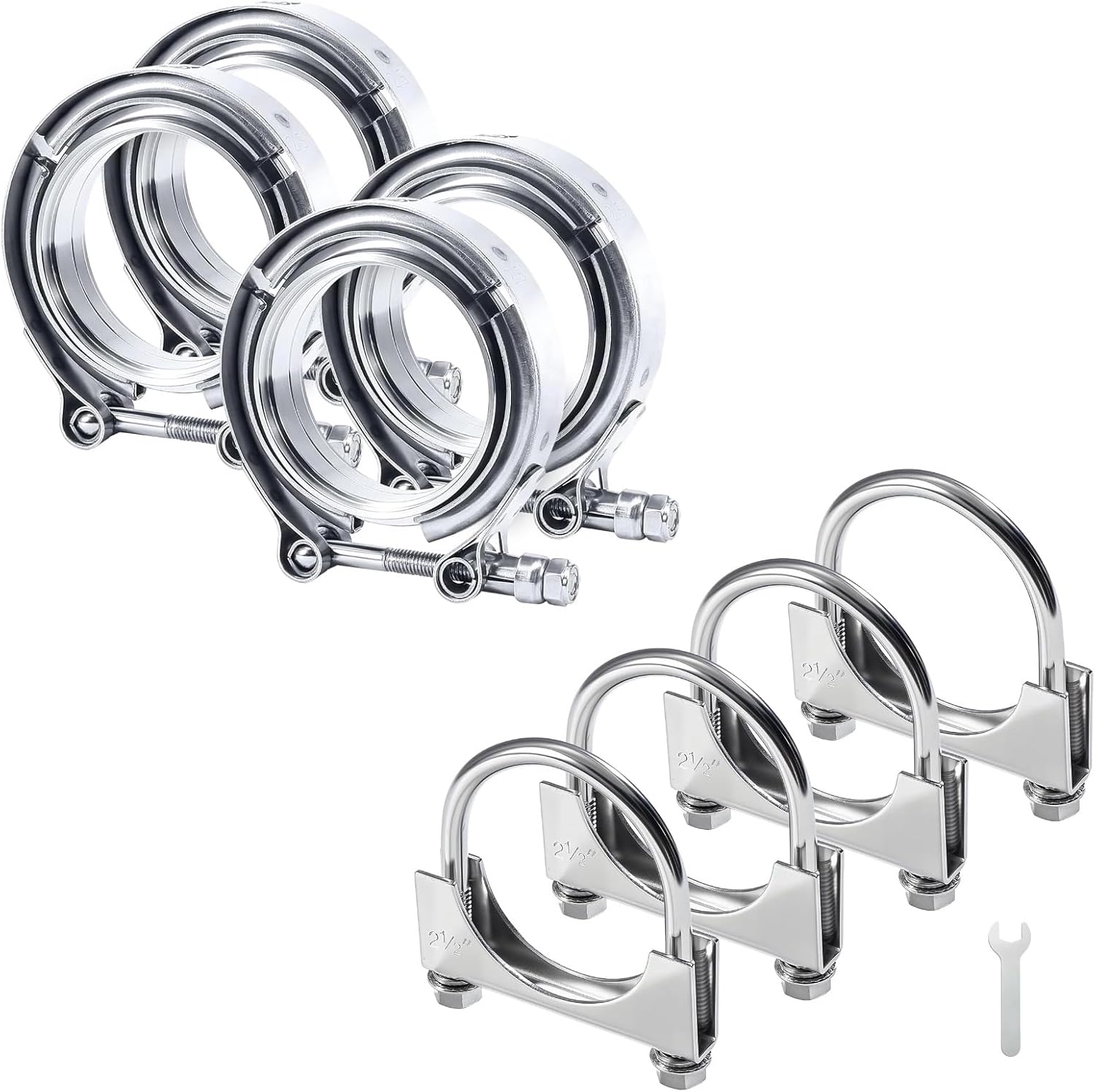 EVIL ENERGY 2.5" Heavy Duty U Bolt Exhaust Clamp and 4PCS V Band Clamp with Flange Male Female 304 Stainless Steel