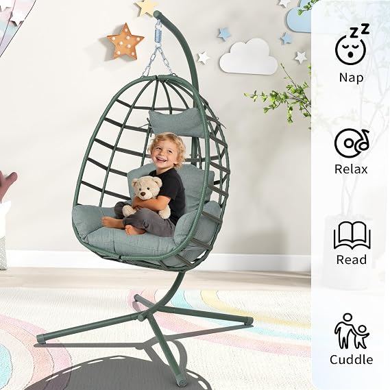 Hanging Egg Chair with Stand Outdoor Indoor Patio Rattan Swing Hammock Chairs with Washable Cushion 350lbs Capacity PE Wicker Swing Chair for Backyard Bedroom Garden (Dark Green + Dark Green Cushion)