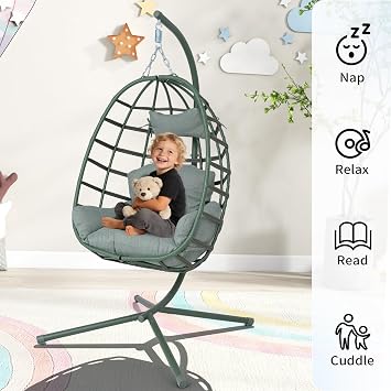 Hanging Egg Chair with Stand Outdoor Indoor Patio Rattan Swing Hammock Chairs with Washable Cushion 350lbs Capacity PE Wicker Swing Chair for Backyard Bedroom Garden (Dark Green + Dark Green Cushion)
