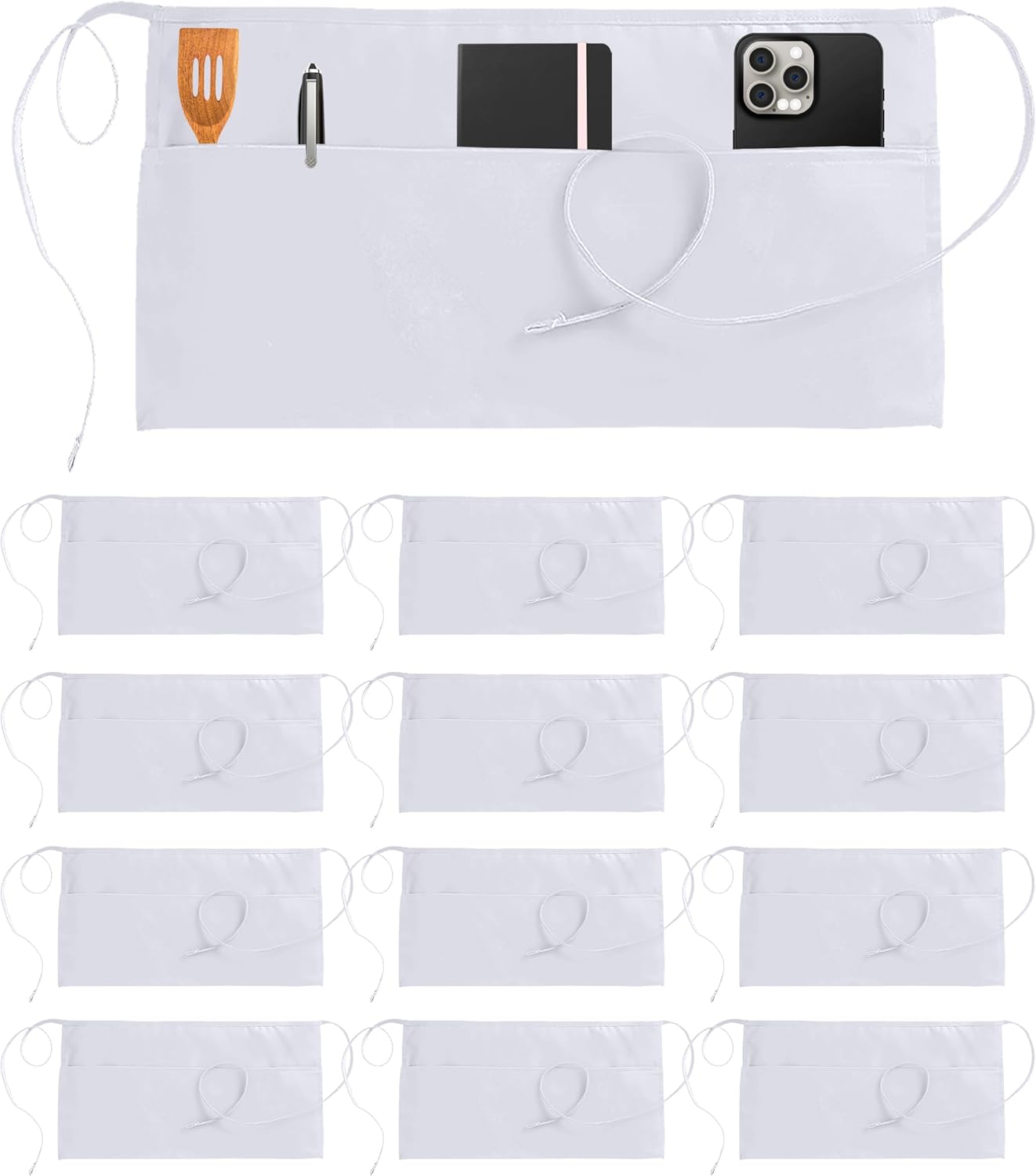 Utopia Wear 12 Pack Server Aprons with 3 Pockets, Waiter and Waitress Waist Aprons for Women with Pockets, Men Short Aprons