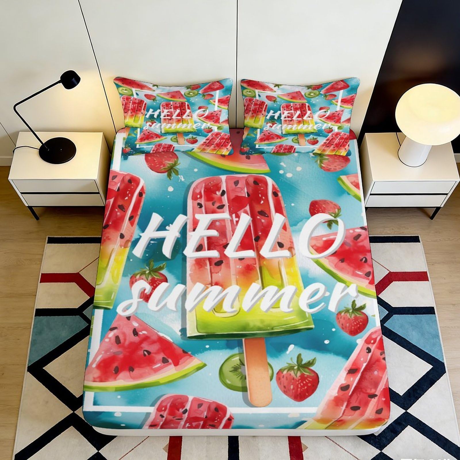 3D Printed Watermelon Popsicle Fitted Sheet Microfiber Summer Fruit Bed Cover Anti-Slip Washable for Bedroom Guest Room Decor 90x200x25cm