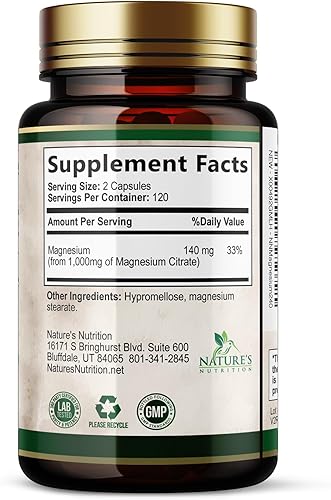 Miniatura 9 de Suplemento mineral de magnesio de 1000 mg - Citrato de magnesio de alta potencia para huesos, salud cardíaca, nervios y apoyo muscular, complejo de