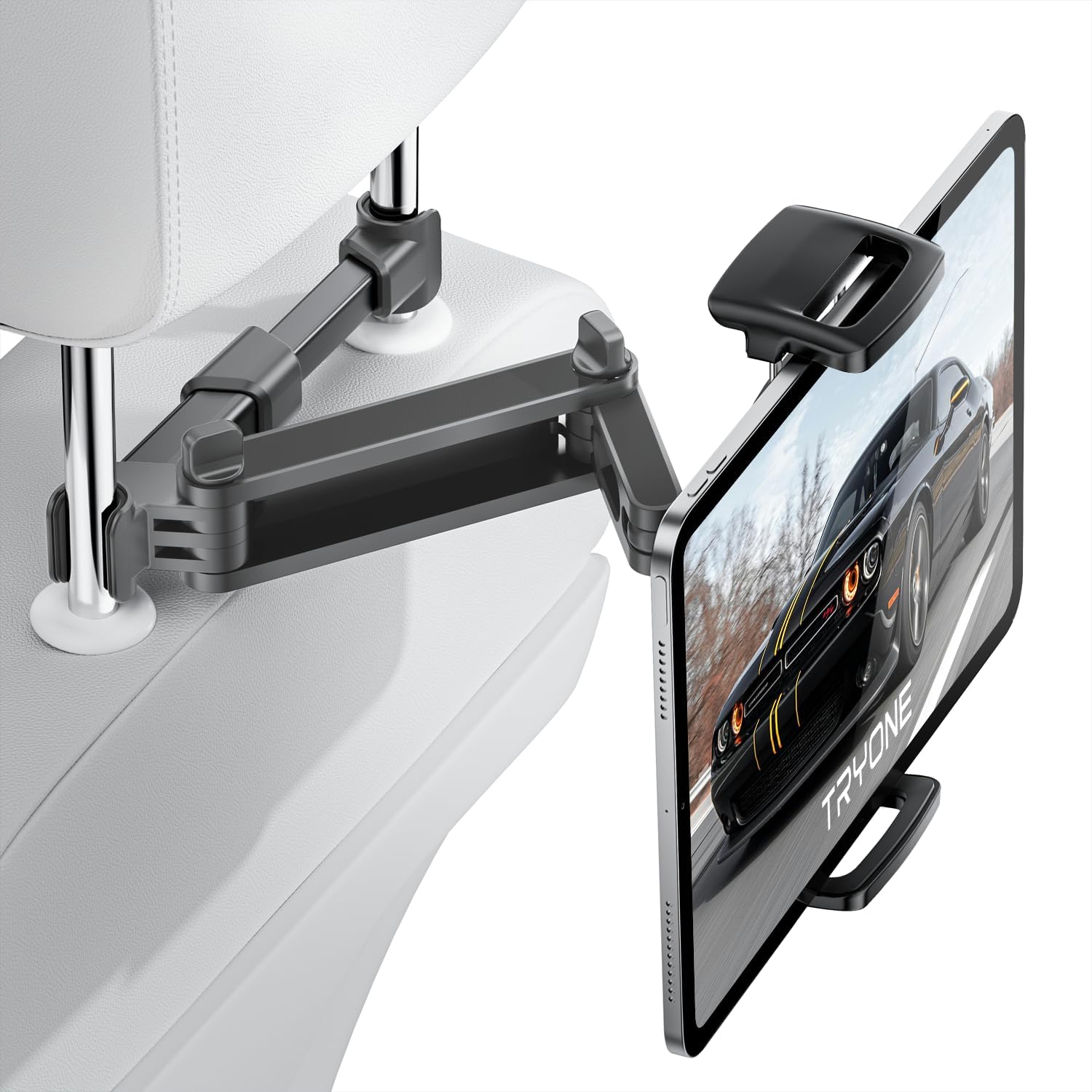 TRYONE Car Headrest Tablet Holder Mount Stretchable Backseat Tablets Stand for Kids, Car Seat Mounts Compatible with iPad Pro 12.9 Air Mini, iPhone, Galaxy Tab, Switch, All 4.7-12.9" Screen Devices