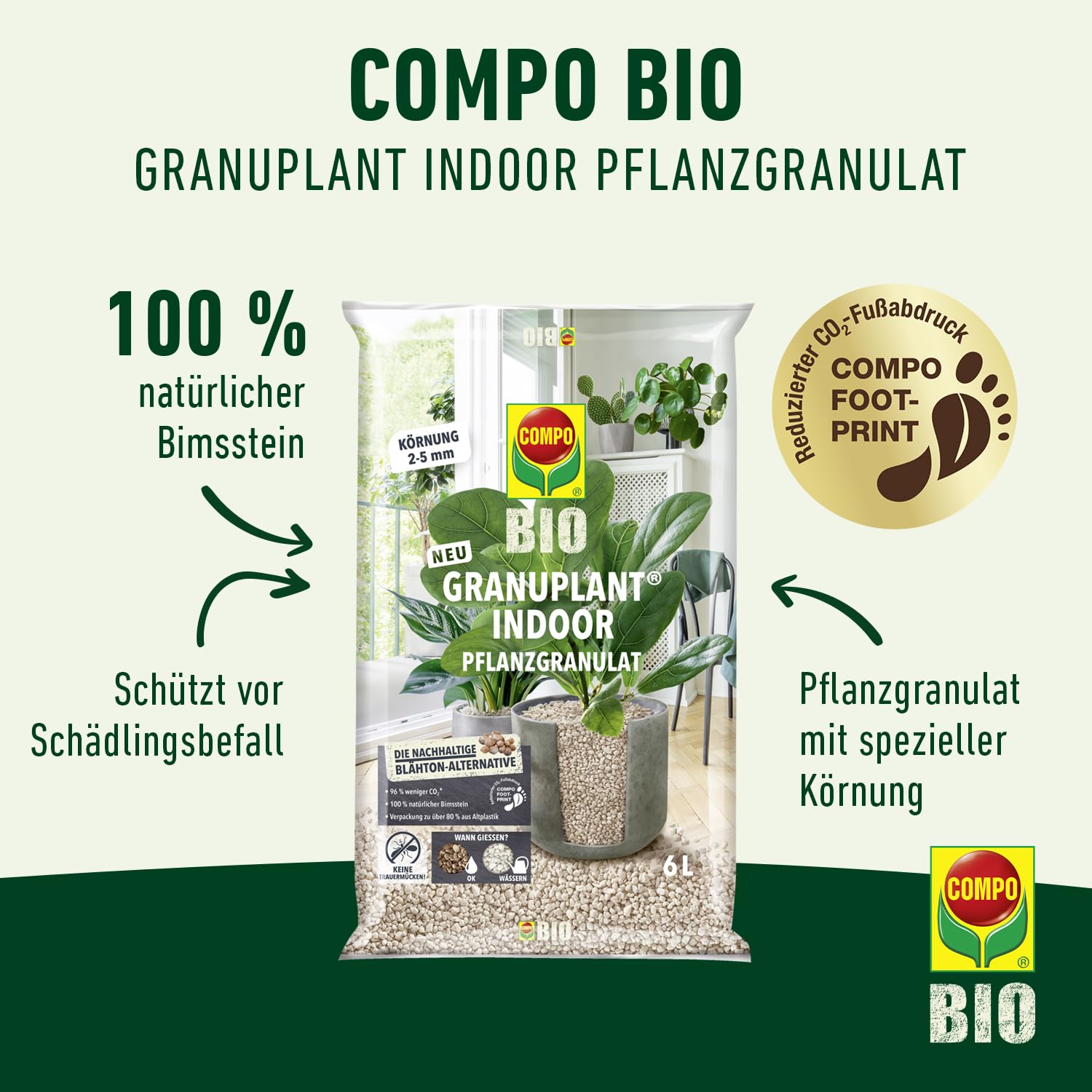 COMPO Gránulos orgánicos para Plantas de Interior – 100% Natural de Piedra pómez – Grano de 2 – 5 mm – 6 L
