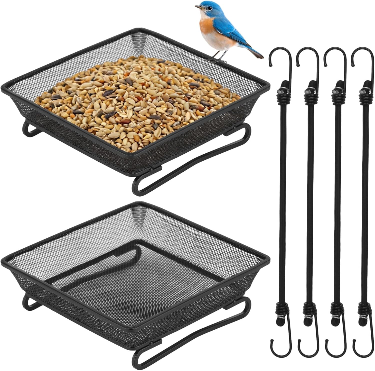 2 Pcs Deck Railing Bird Feeder Tray, Outdoor Balcony Bird Feeder 6.9 x 6.9 x 2.4 Inch, Metal Platform Mesh Tray with 4 Fixed Elastic Rope for Patio Backyard