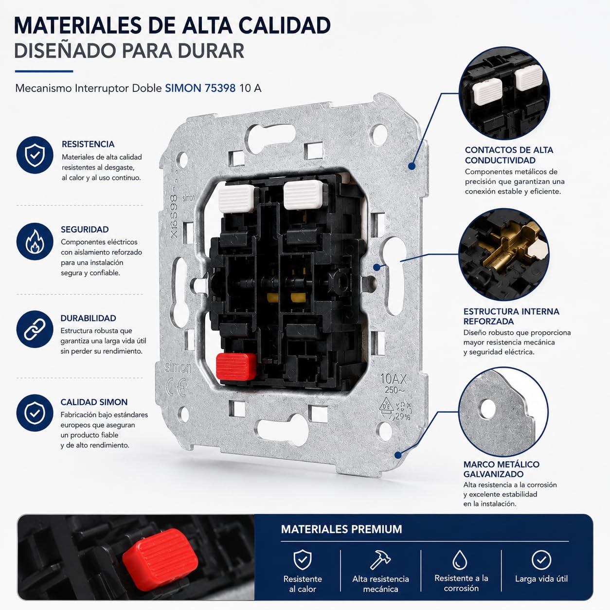 CABLEPELADO Grupo de 2 interruptores | Mecanismo Doble Interruptor | 10 AX 250V | con sistema de emborronamiento rápido | Apto para series Simon 75, 82 y 88