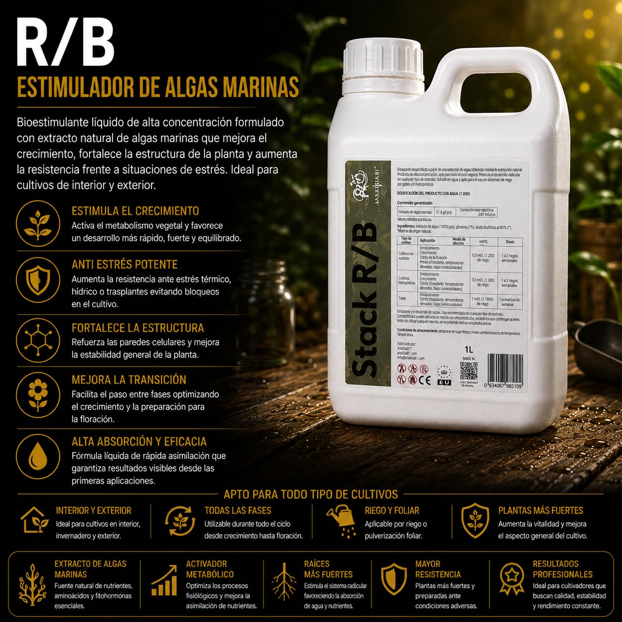 R B 3,8 L – Estimulador de Algas Marinas Fortificante Plantas Anti Estrés Crecimiento y Transición Fertilizante Líquido Cultivo Interior y Exterior - Anarkia81