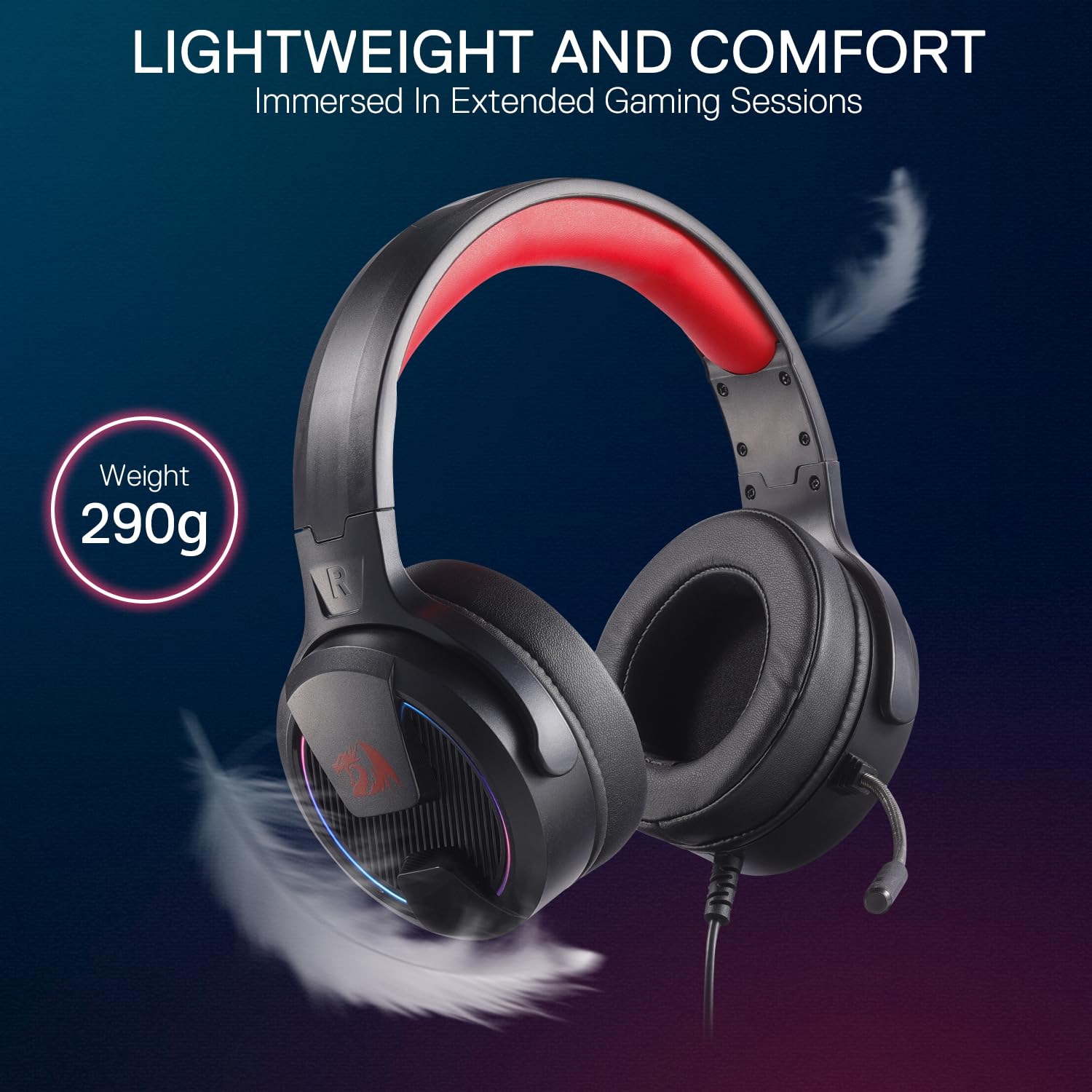Redragon H315 RGB Casque de jeu – Casque d'ordinateur filaire avec pilotes de 40 mm, microphone antibruit, connexion USB, design léger et coussinets d'oreille en cuir synthétique souple pour un