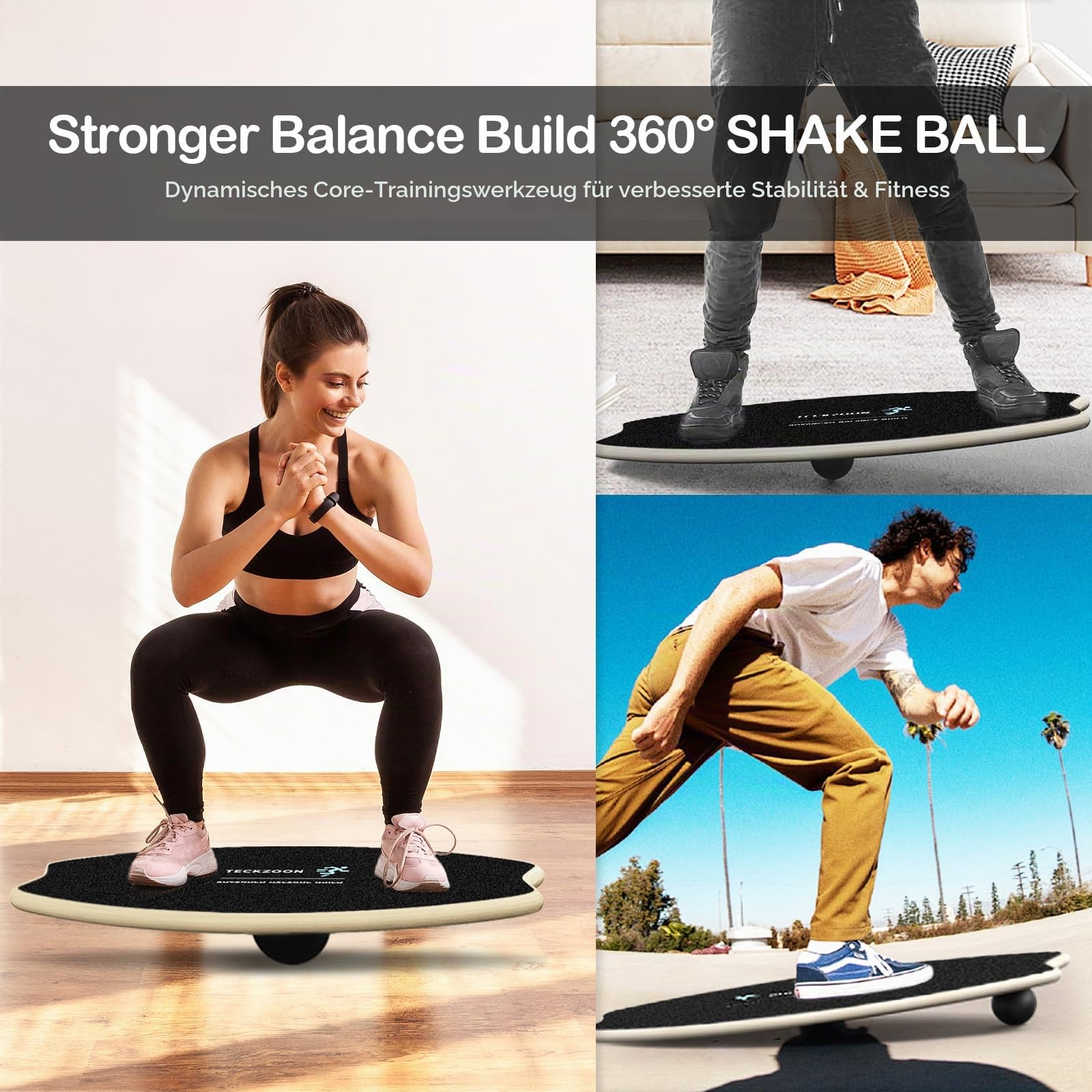 2025 Balance Board Holz, Profi Balance-Board mit Rolle, Balance Ball, Halterung, Multifunktion Indoor Skateboard & Surfboard für Kinder & Erwachsene, Trickboard für Fitness, Yoga & Reha