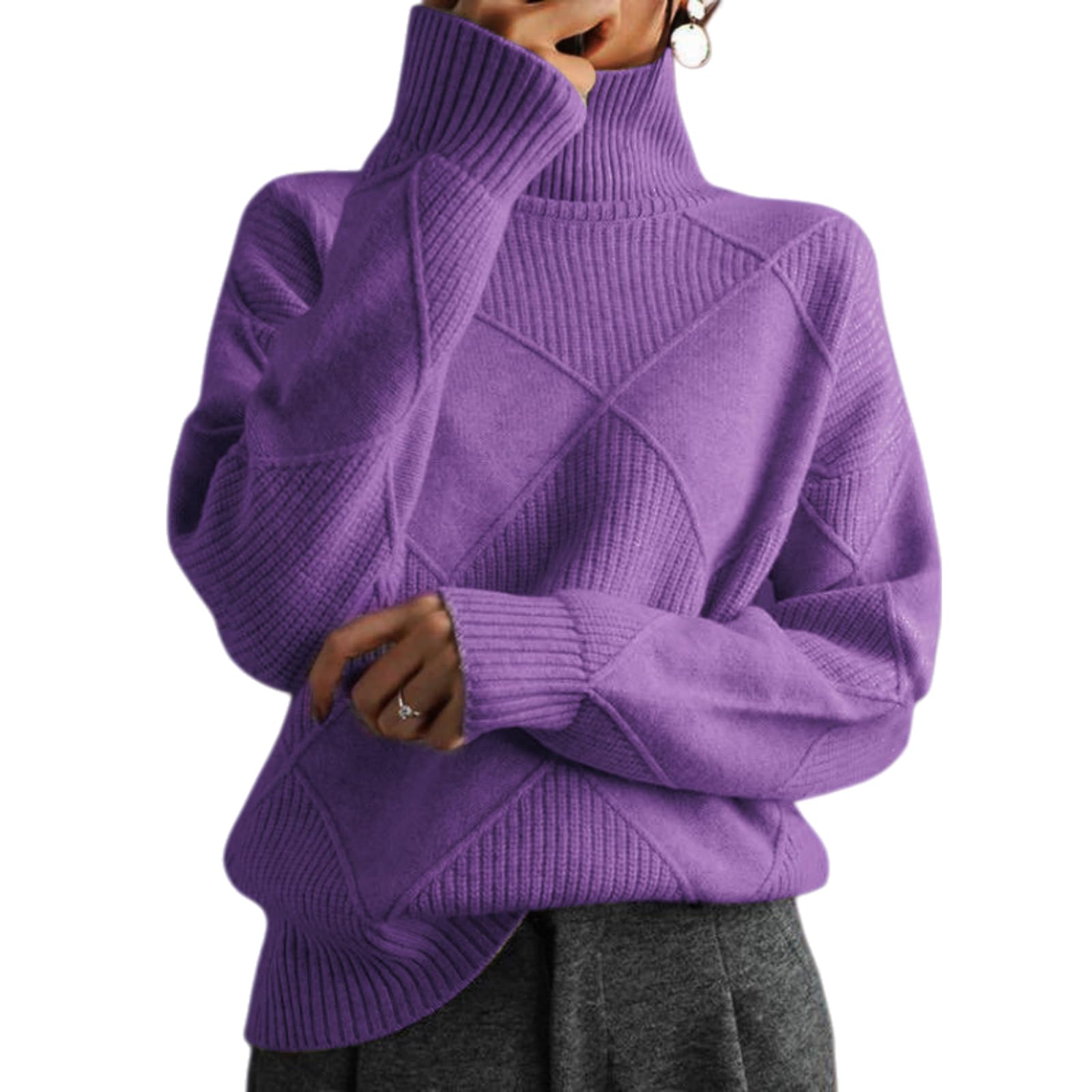 Womens Cable Knit Sweater Turtleneck Long Sleeve Loose Chunky Casual Oversized Pullover Tops for Winter
