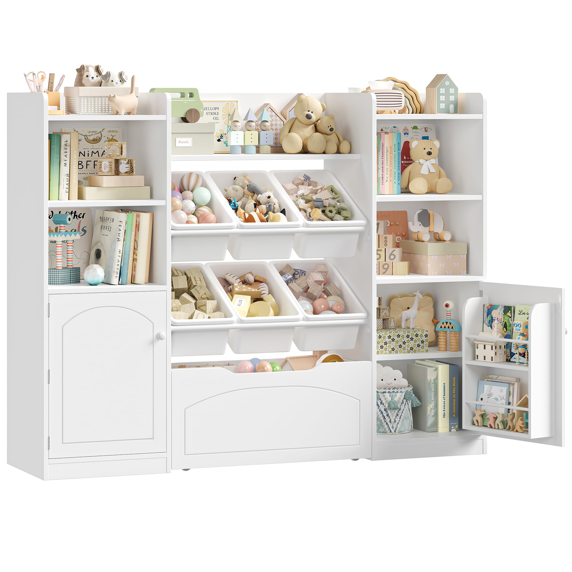 FOREHILL Libreria Montessoriana per Bambini, Porta Giochi Bambini a 6 Scatole, Organizer Giocattoli a Ripiani Regolabile, 7 Scomparti Aperti, per Cameretta e Sale Giochi, 140,5x33x108,2 cm, Bianco