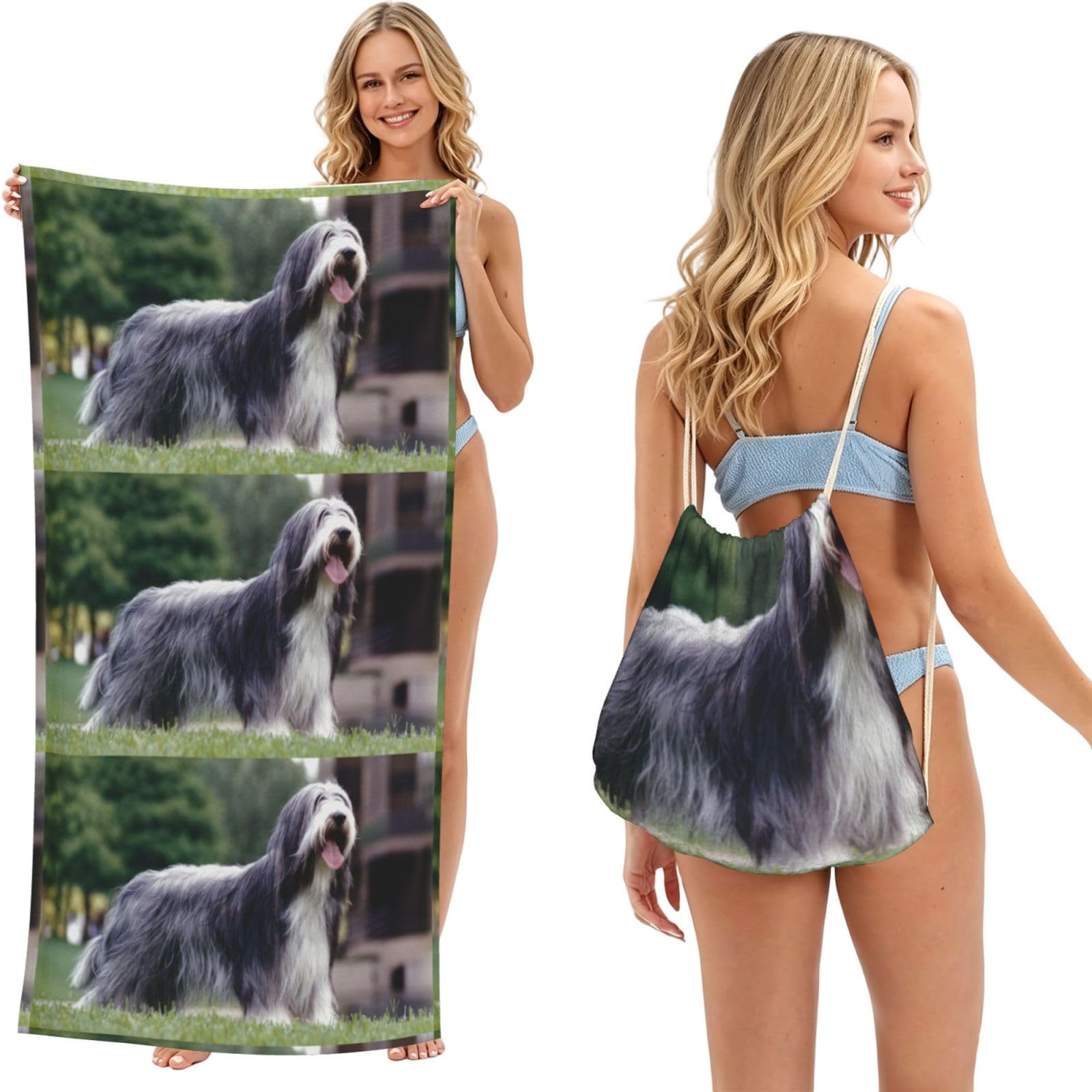 Poadnly As Picture Bearded Collie Beardie Curly Gray Dogs Pets, 2 In 1 Packable Towel Bag, Beach Towels With Drawstring Backpack For Travel Holiday Camping