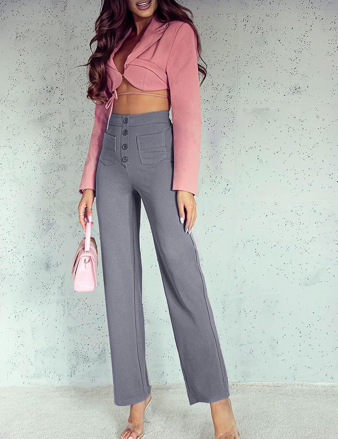Flygo Womens High Waisted Multiple Pockets Straight Leg Flexipants Stretchy Work Trousers Button Down Casual Pants(Grey Medium) - Image 3
