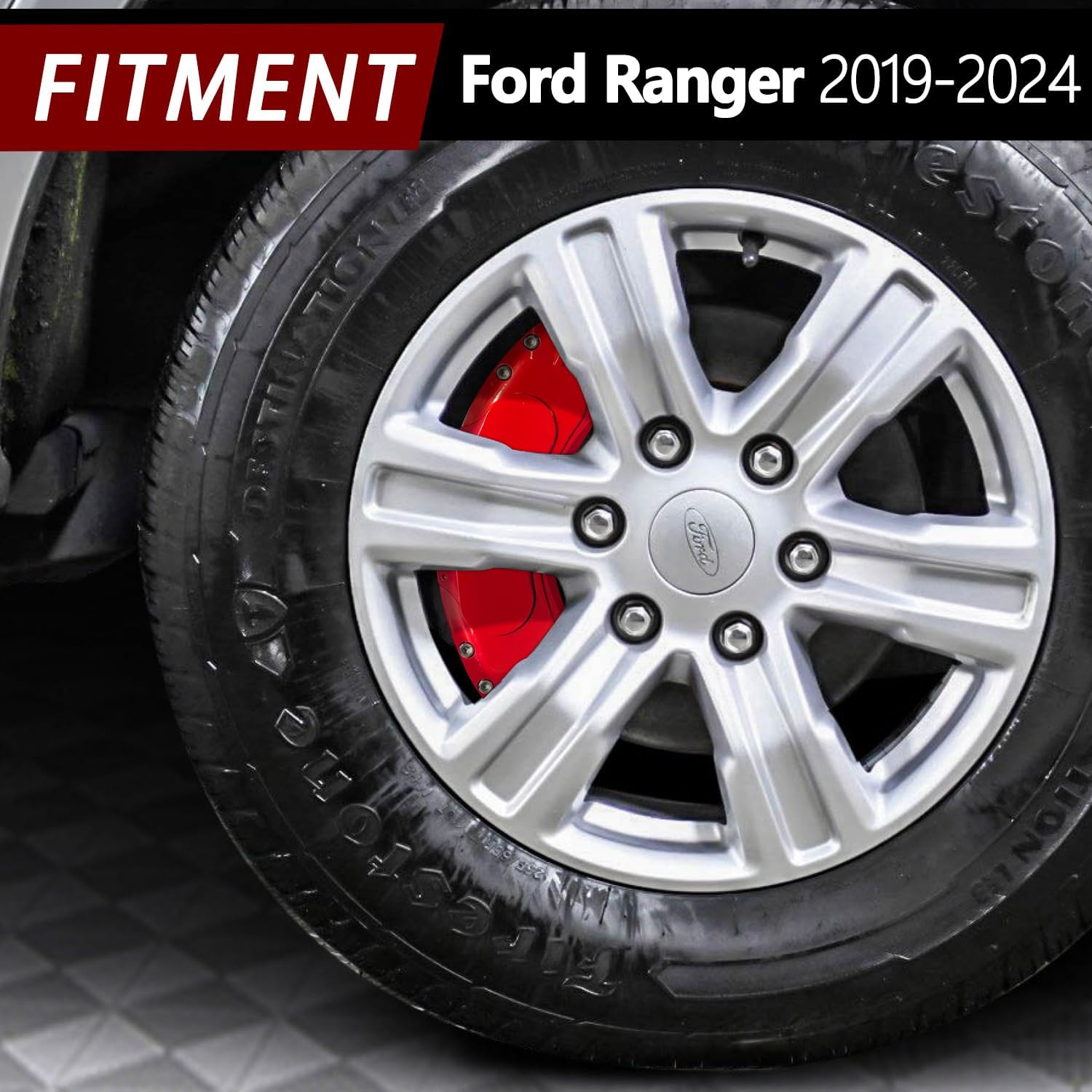 AOOA Caliper Covers Red with White Character Brake Aluminum Caliper Covers Fits Ford Ranger XL/XLT/LARIAT 2019-2024 (Set of 4)(18-inch wheels and up)