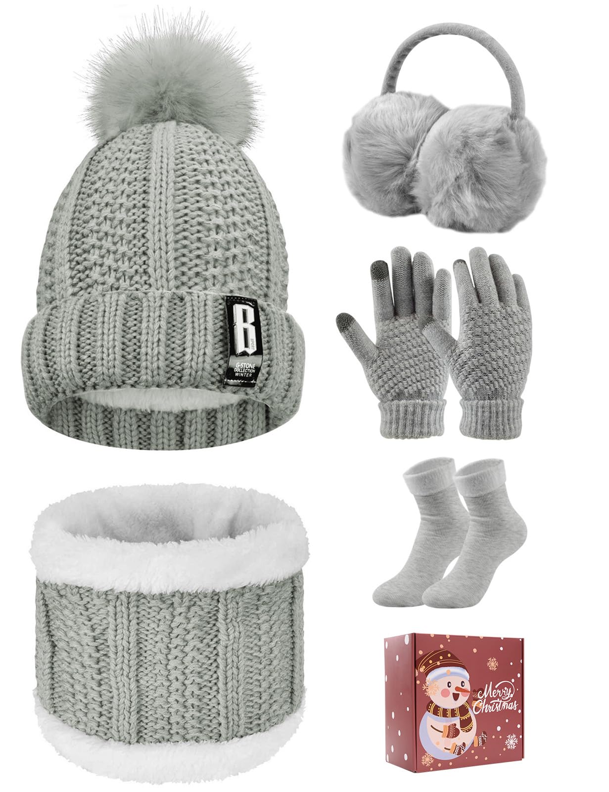Voqeen 5 Pièces Ensemble de Ski d’Hiver de Femme Tricotés Ensemble d'hiver Bonnet Chaude Écharpe Gants en Tricot Cache-Oreilles Chaussettes Chapeau Pompon