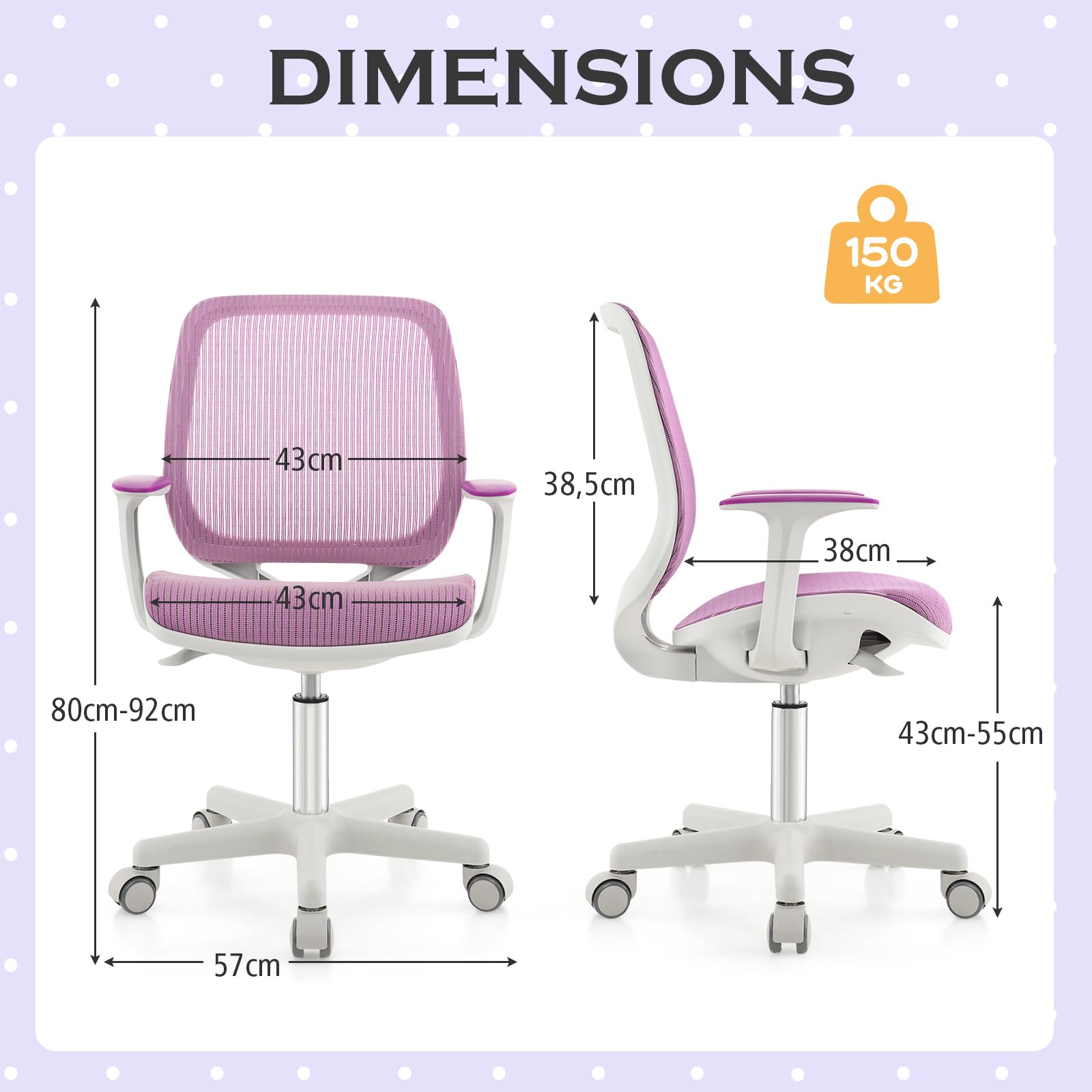 DREAMADE Chaise de Bureau Ergonomique Enfant 6-15Ans,Siège de Bureau à roulettes avec Hauteur Réglable&Dossier en Maille Respirante&Verrouillage Automatique,Charge 75KG (Violet)