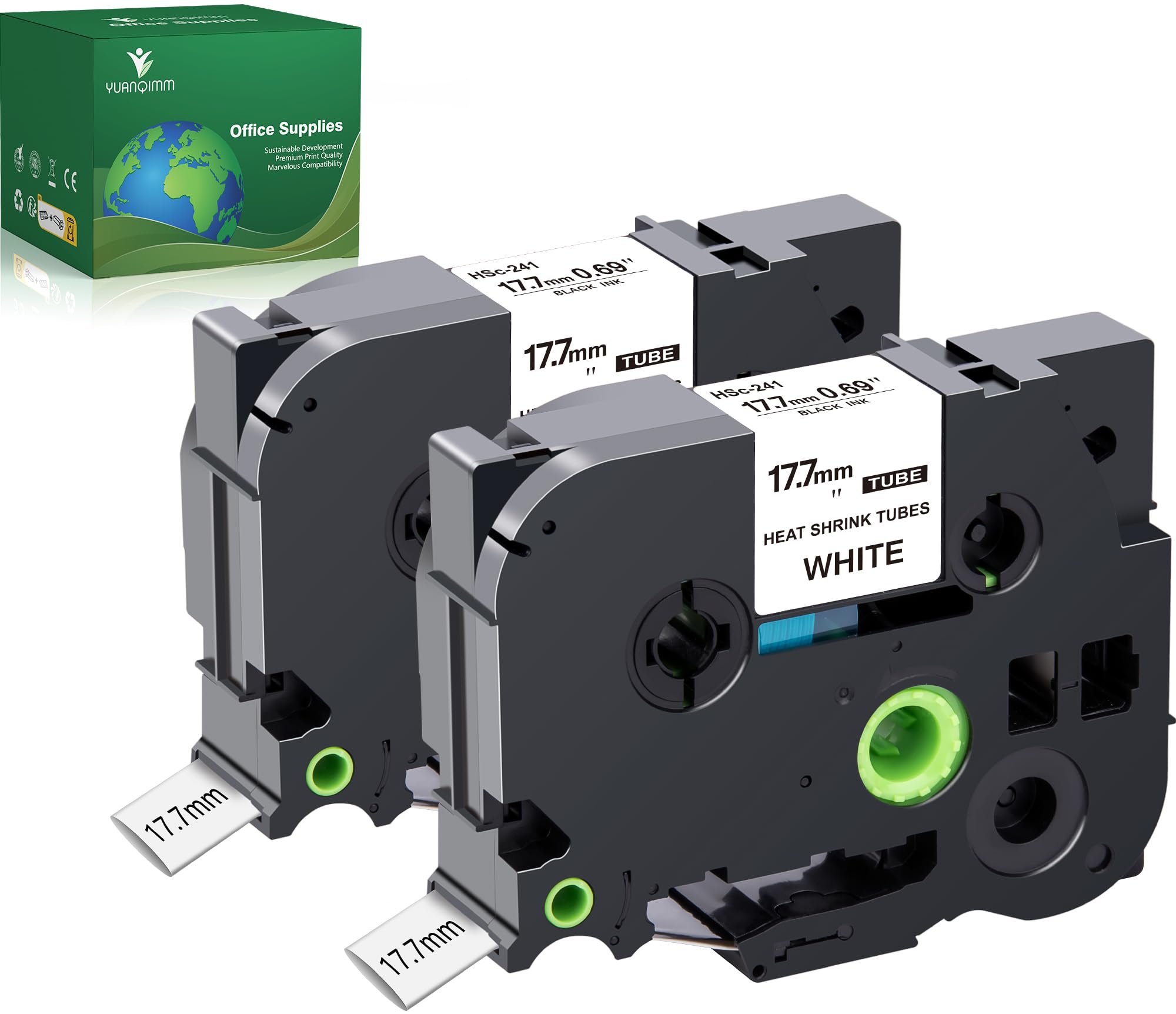 YUANQIMM 2-Pack Heat Shrink Tube HSe-241 HSe241 HS-241 HS241 Compatible with Brother Black on White Label Tape for PTouch PTE300 PT-D600 Printer, 0.69