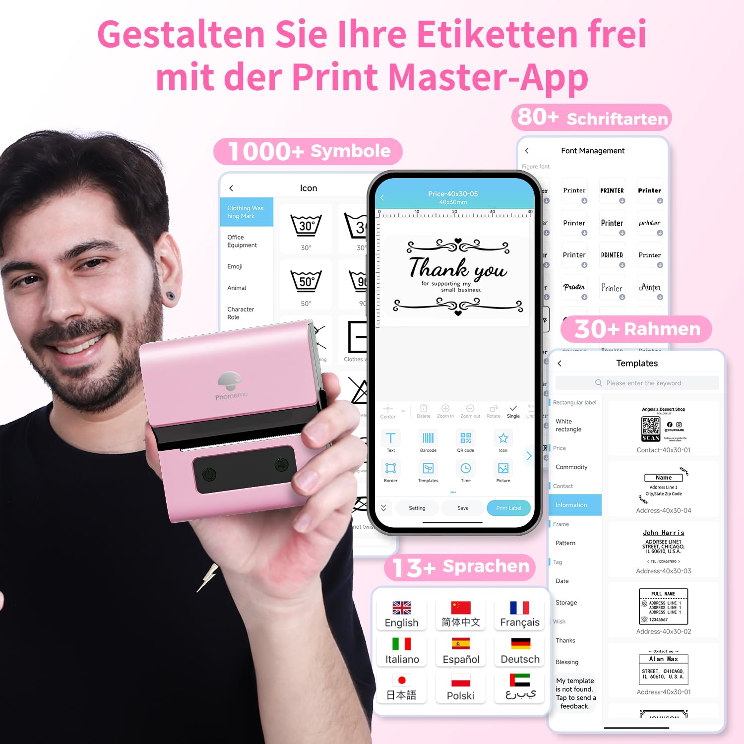 Phomemo M221 Etikettendrucker, Etikettiergerät Selbstklebend, Tragbarer Beschriftungsgerät Label Drucker Kompatibel with iOS & Android Smartphone, Pink