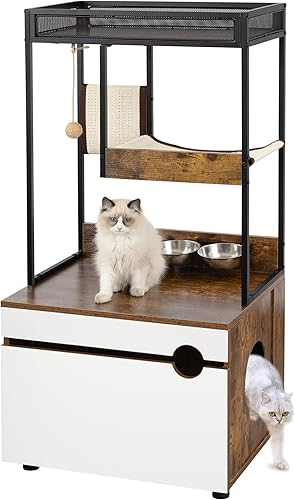 HaiQiwawo Muebles de caja de arena para gatos, árbol para gatos con caja de arena, casa para gatos con torre para gatos, gabinete de arena oculto,