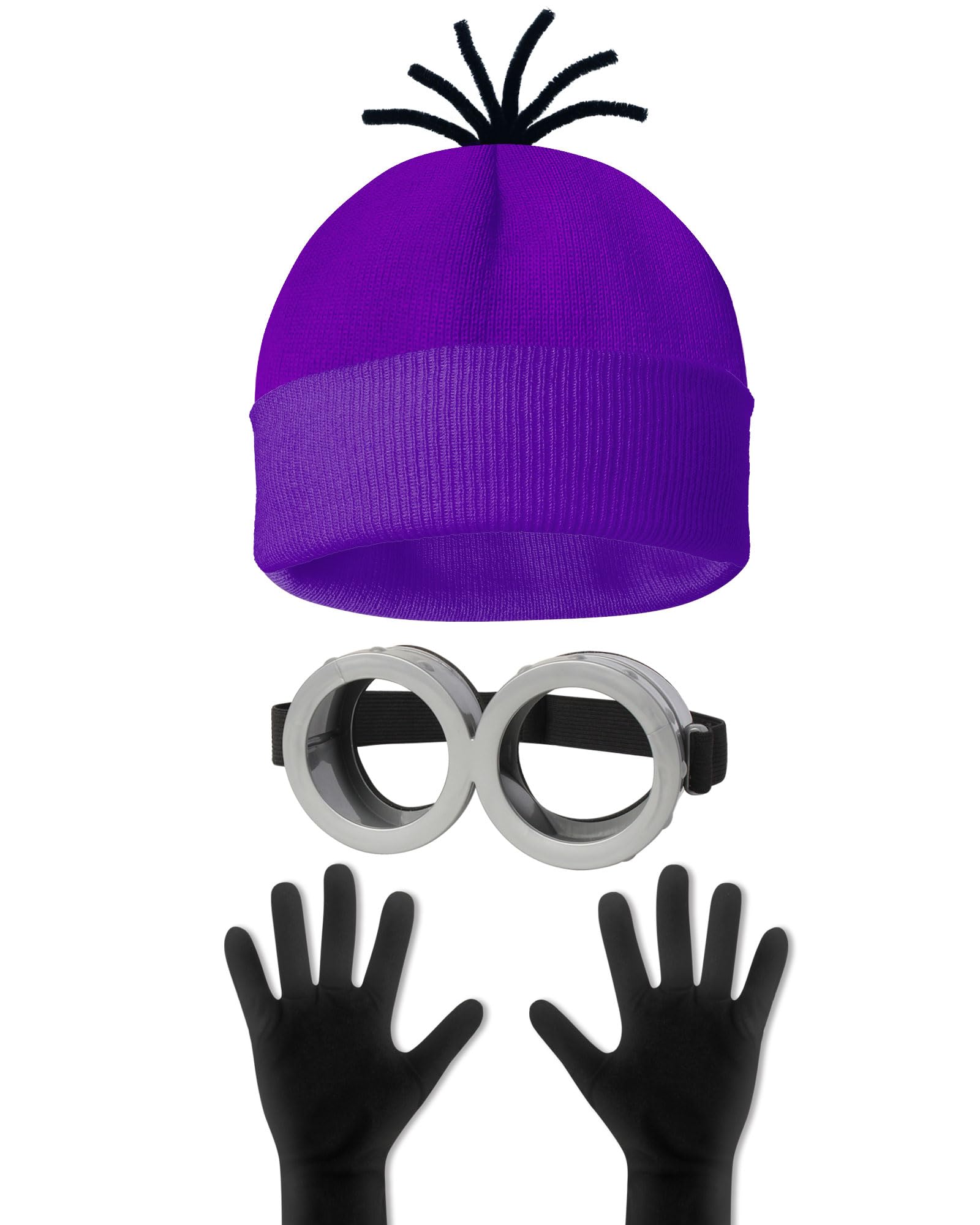 HEYFIZZ3 Pcs Halloween Costume Accessories Adult,Purple Beanie/Goggles Glasses/Gloves for Women Men Cosplay Party Set