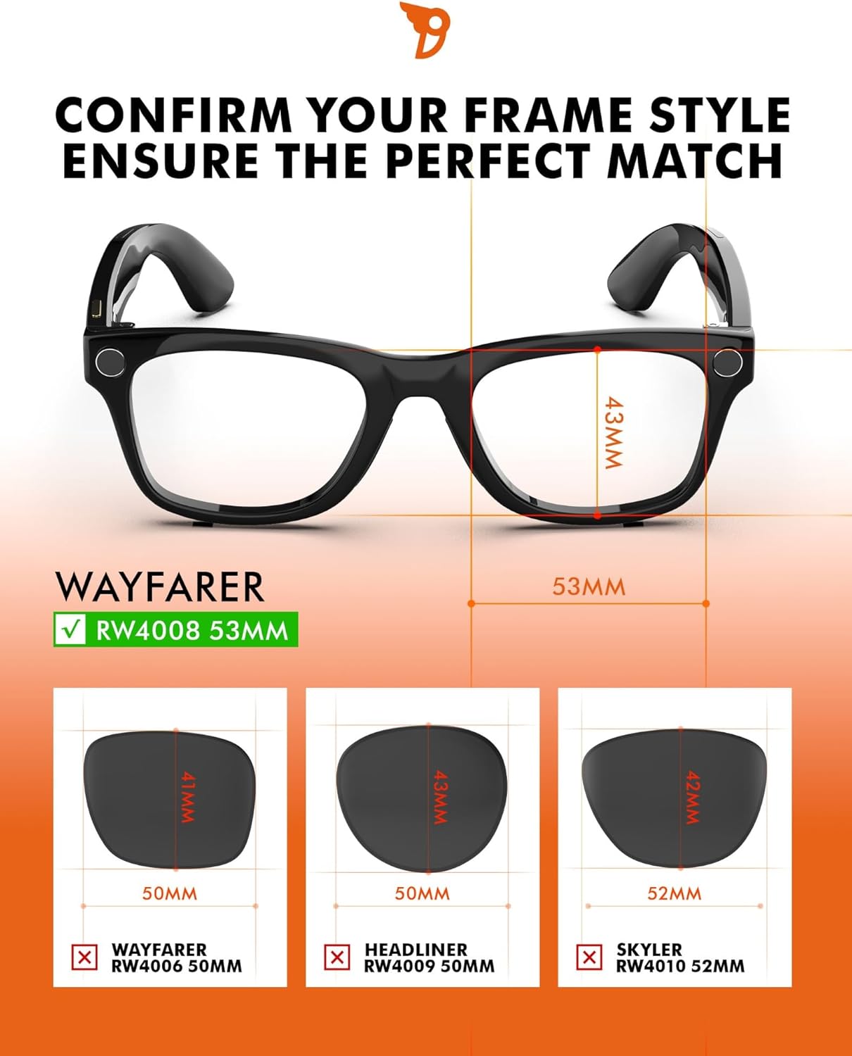 PRO+ Polycarbonate Replacement Lenses Compatible with Ray-Ban Meta Wayfarer RW4008 & Gen 2 RW4012 53mm Sunglasses