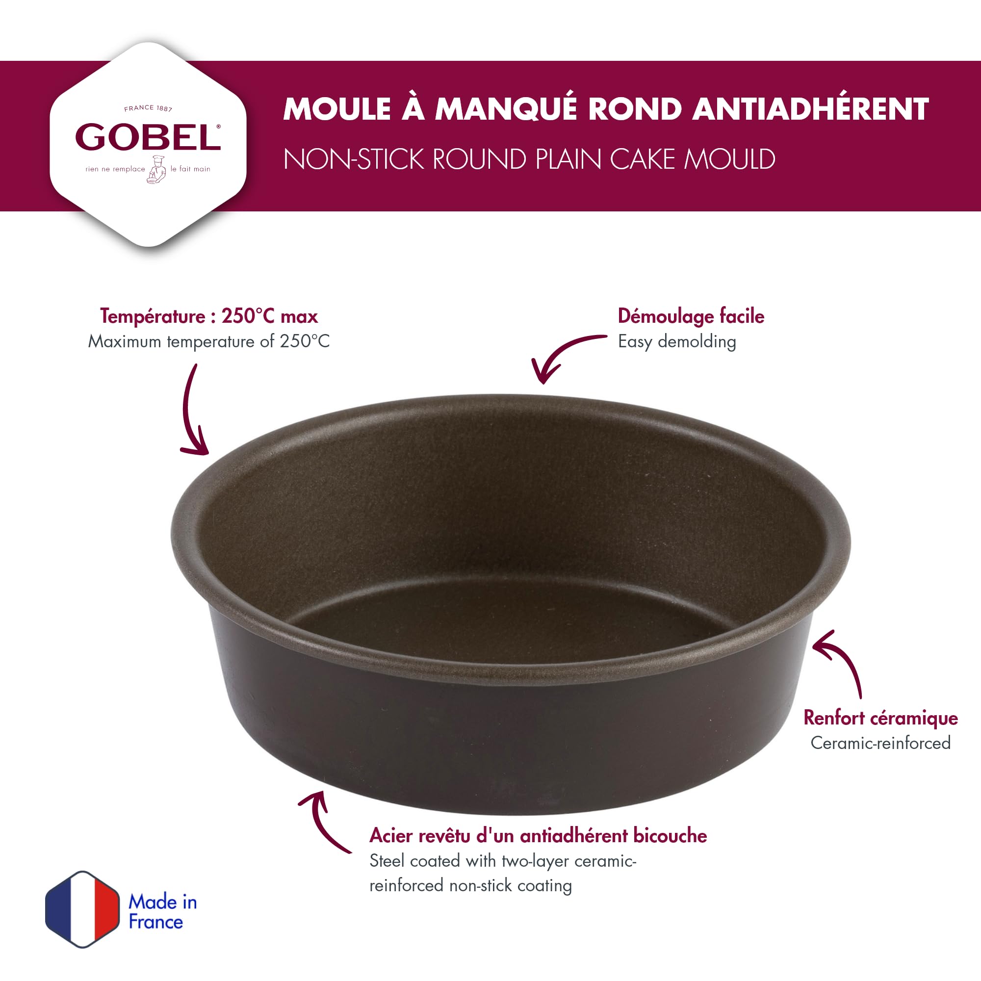 Gobel - Moule à Manqué Rond Uni - Ø 26 cm - Acier - Revêtement Antiadhérent Bicouche Garanti sans PFAS - Qualité Professionnelle – Fabriqué en France (Lot de 2)