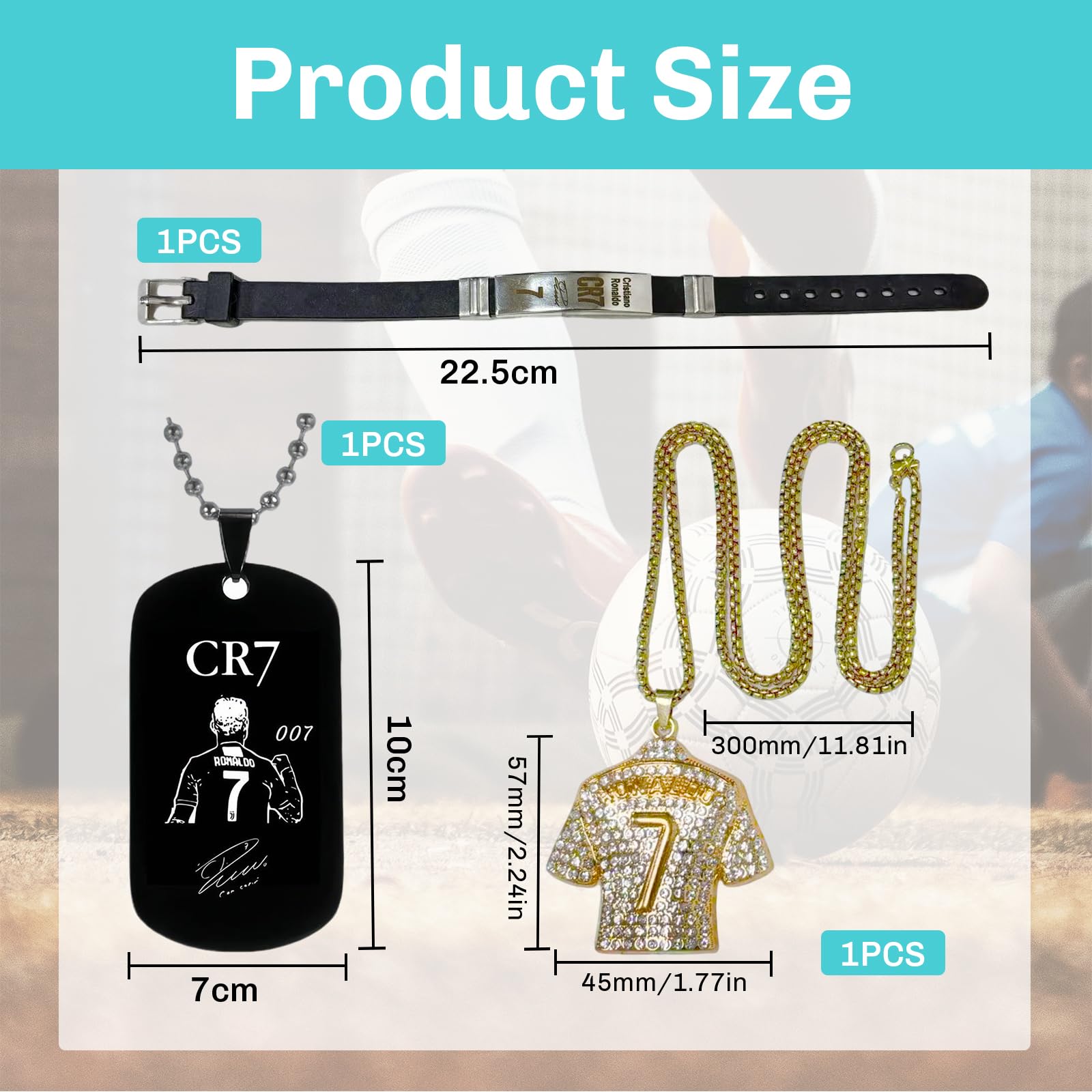 Lot de 3 accessoires de football avec bracelet CR7 noir et pendentif doré 3D réglable pour les fans de football et les joueurs - Bijoux sportifs - Bracelet maillot de football - Collier 7 chaînes de