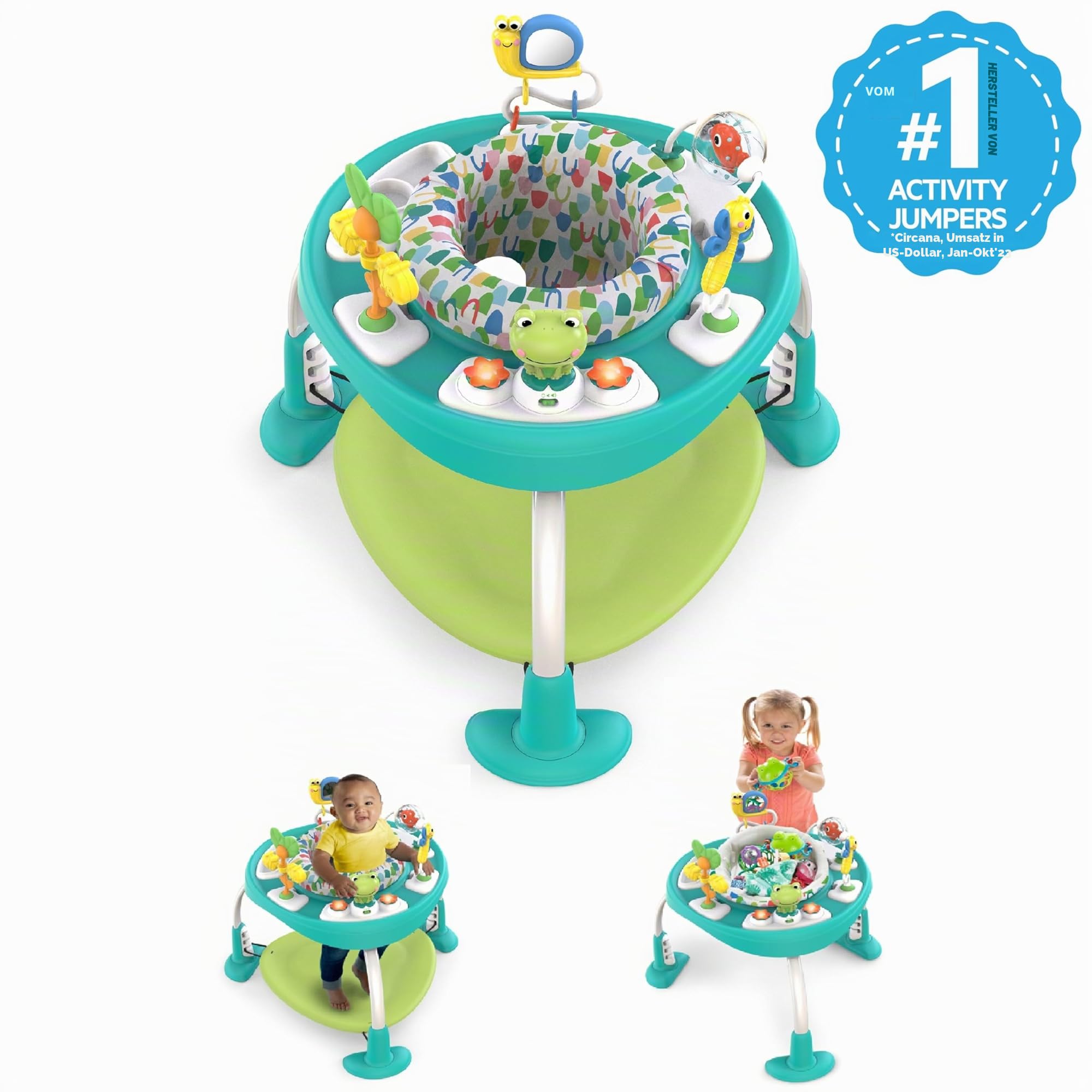 Bright Starts, Bounce Bounce Baby 2 in 1 Spieltisch Aktivität Sitz - Playful Pond mit 7 interaktiven Spielzeug, 360° Spielstation, Höhenverstellbare, Babyspielzeug ab 6 Monaten, grün