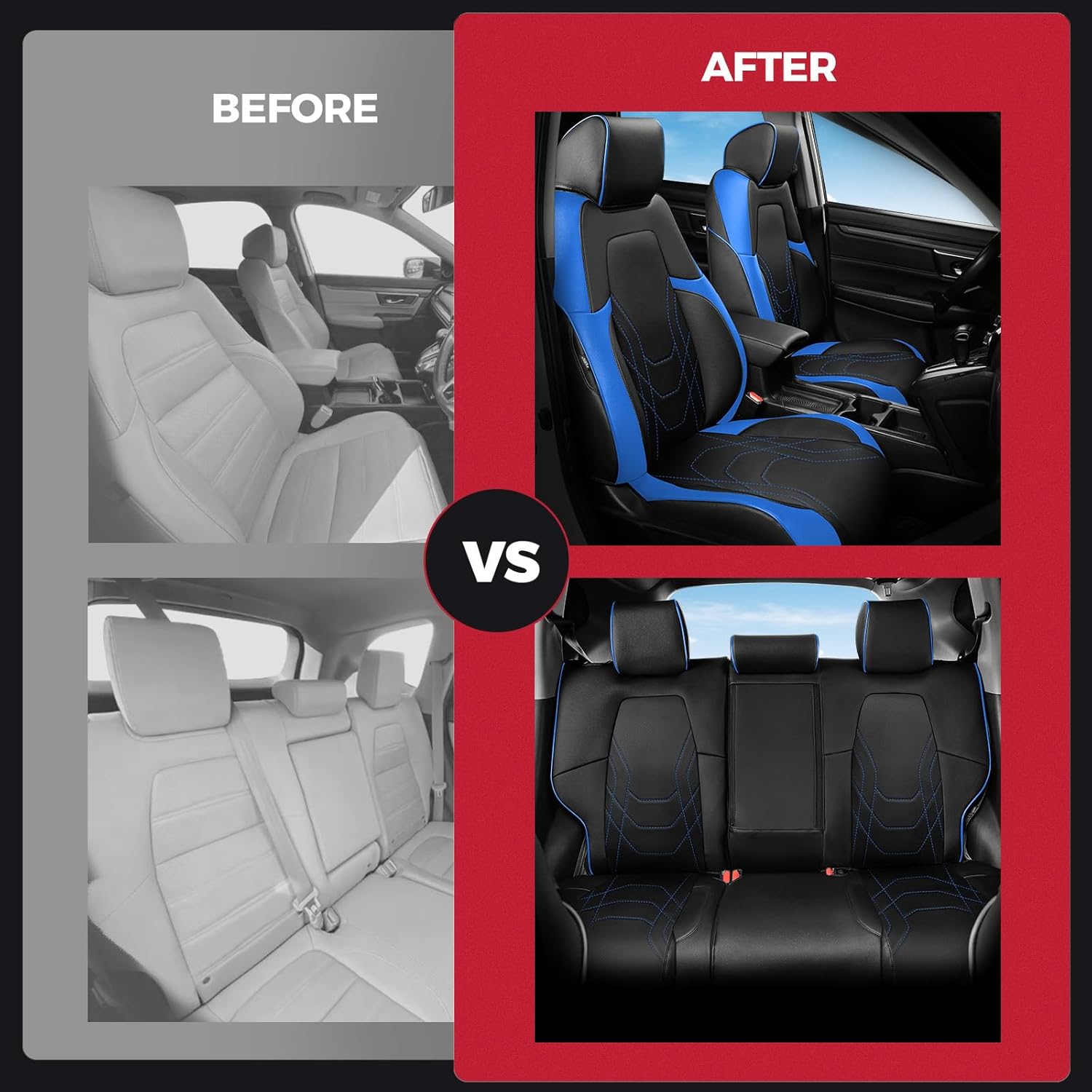 FREESOO CRV Seat Covers Full Set, for Honda CRV LX EX EX-L Sport Touring Hybrid 2017 2018 2019 2020 2021 2022, Custom Fit Car Seat Covers, Waterproof Leather Seat Covers, Black & Blue