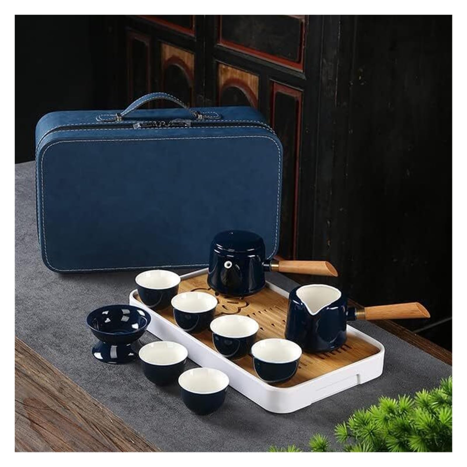 Przenośny podróżny zestaw do herbaty, Chiński styl Vintage Travel Premium Tea Pot Set Kung Fu Tradycyjny serwis do ceremonii herbacianej Juego De Te Teaware(Blue)
