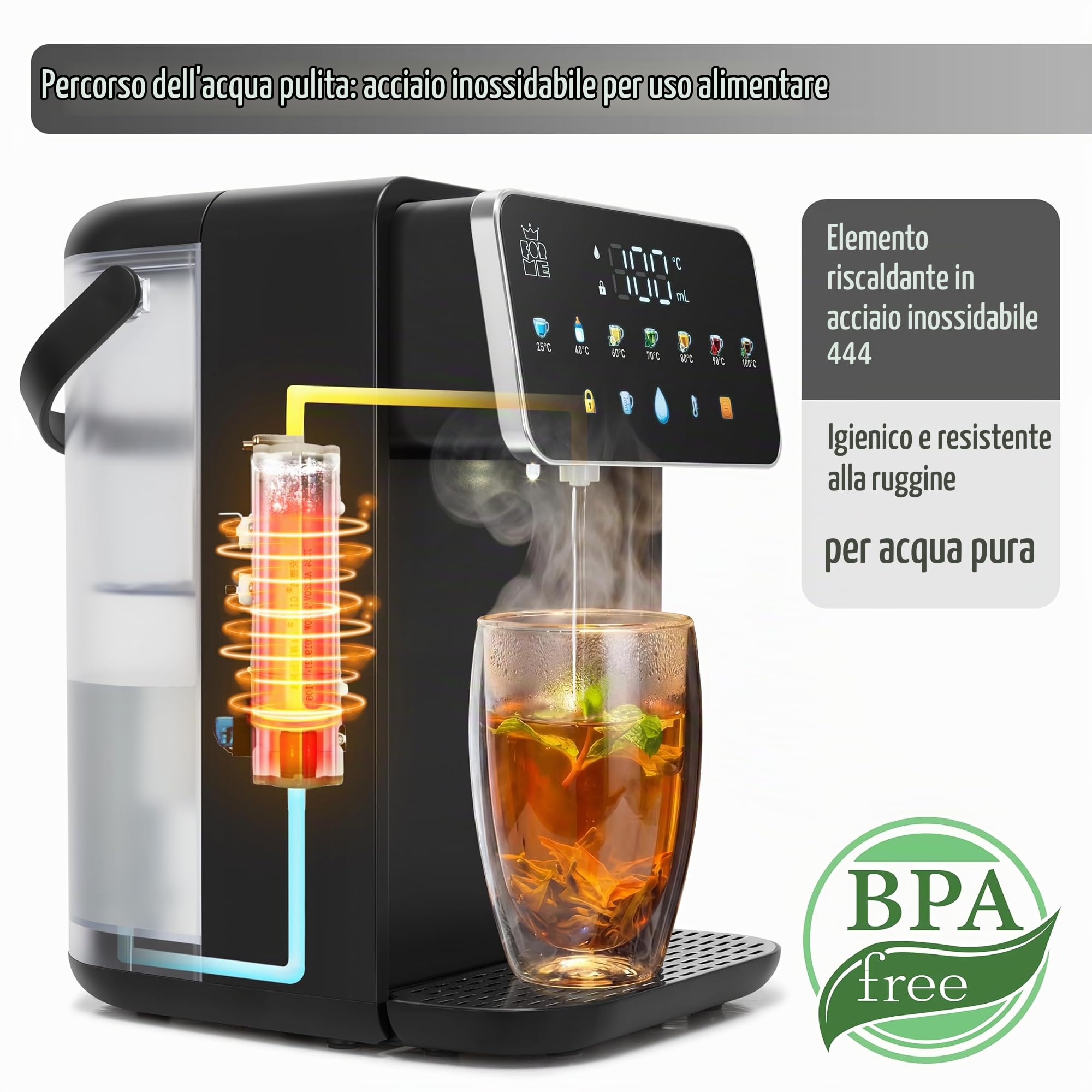 ForMe Distributore d'Acqua, Serbatoio dell'Acqua da 3,2 l, 2000 W, Temperatura Selezionabile 25-40-50-60-80-90-100 °C, Filtro Opzionale, Riduce Cloro e Calcare