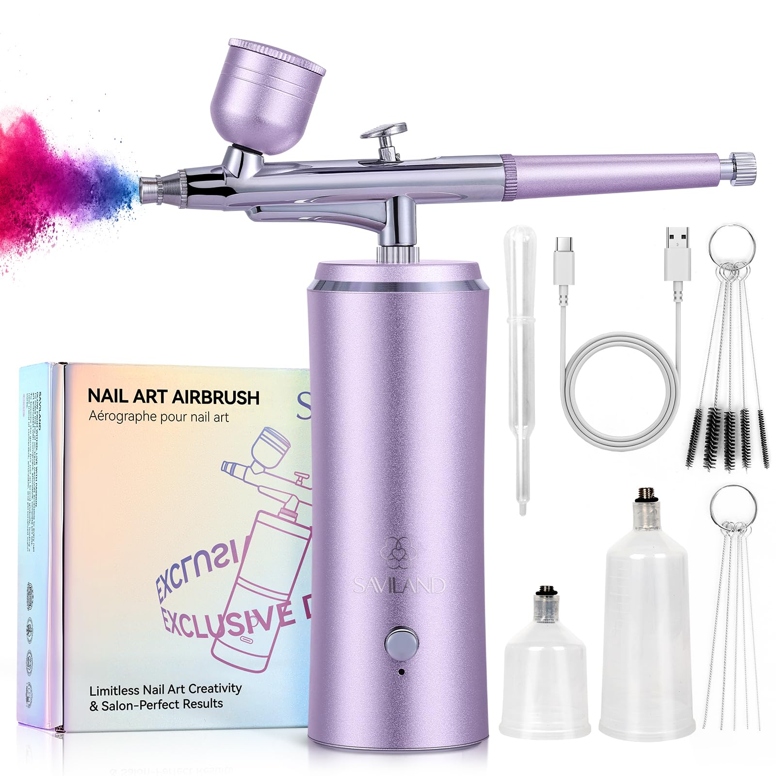 SAVILAND 30 PSI Airbrush Set mit Kompressor, Tragbares Handheld Dual Action Airbrushpistole, Verstopfungsfrei, 850 mAh Wiederaufladbares Airbrush für Nageldesign Make-up Kuchendekoration und Salon