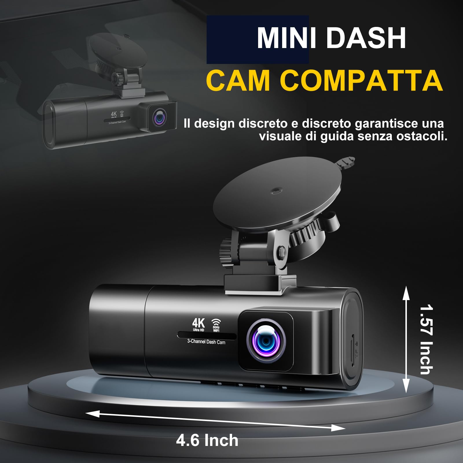 3 Canali Dash Cam Auto, 4K+1080P+1080P Telecamera per auto, 3,17" Display IPS Dash Cam con Scheda SD 64G, 5GHz WiFi, 24H Monitor di Parcheggio, Visione Notturna, WDR, Grandangolo 170°, Sensore G