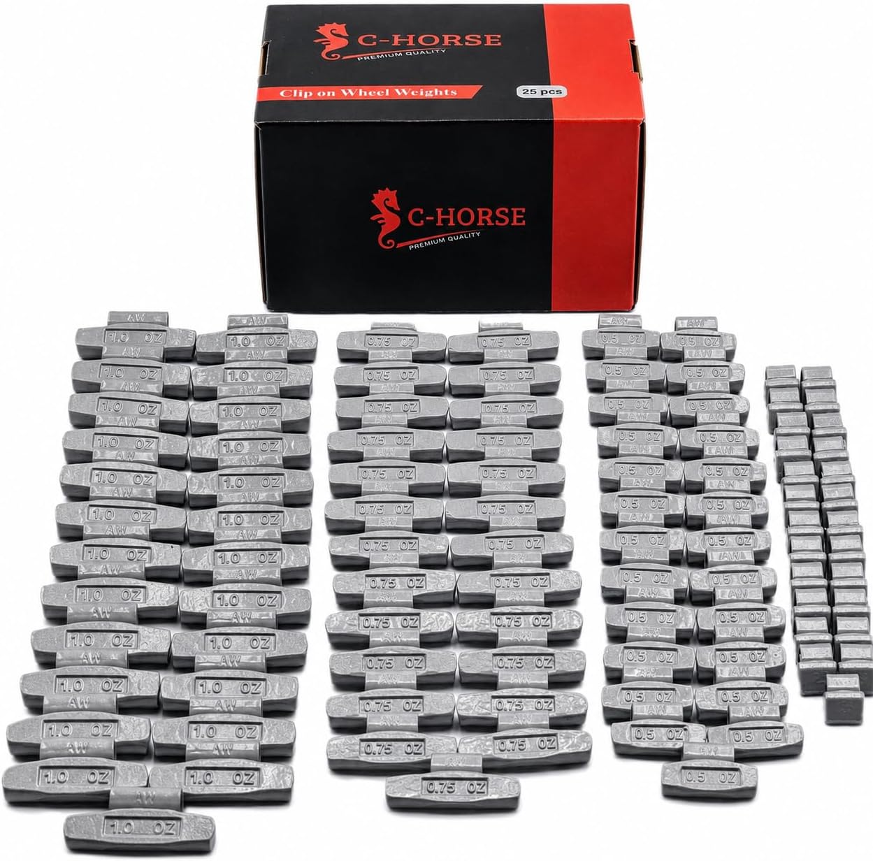 C-HORSE 100Pcs AW Series Grey Coated Clip on Wheel Weights Assortment for Hammer Type Rim Balancers, 0.25oz, 0.50oz, 0.75oz, 1.0oz, 25pcs Each Fit Aluminum Alloy Wheel (AW Style, 0.25-1 oz)