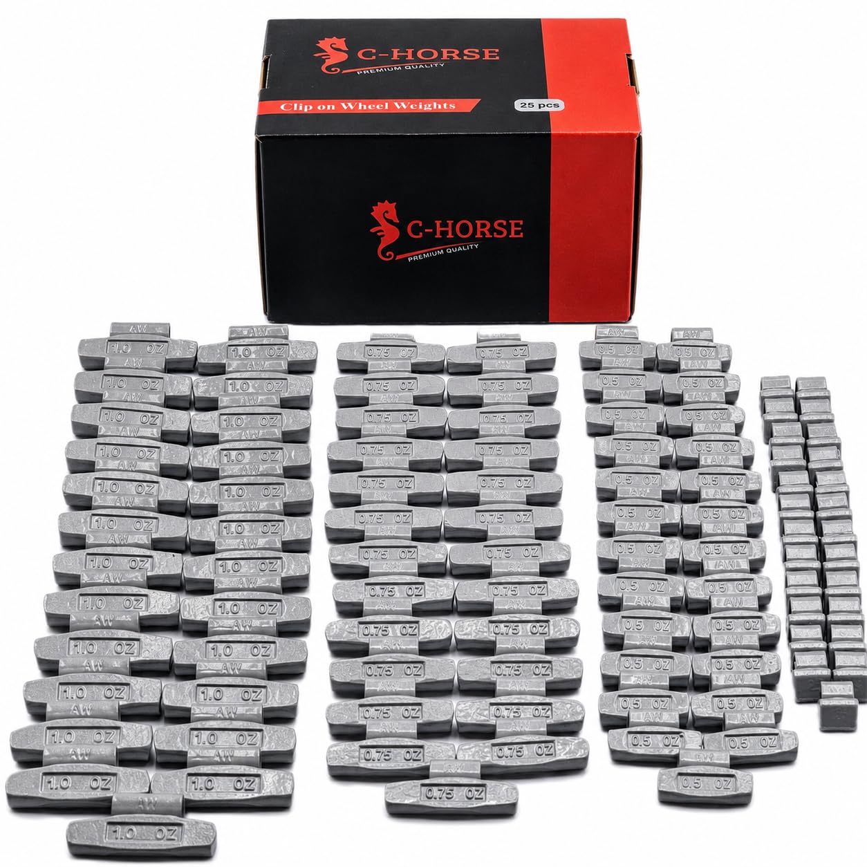 C-Horse Pesas de Rueda con Clip – Equilibradores de llanta Tipo Martillo Estilo AW – 7,1 g, 14,2 g, 21,3 g, 28,3 g, 25 Piezas Cada uno – Calidad Profesional para Coche, vehículo, Accesorios de