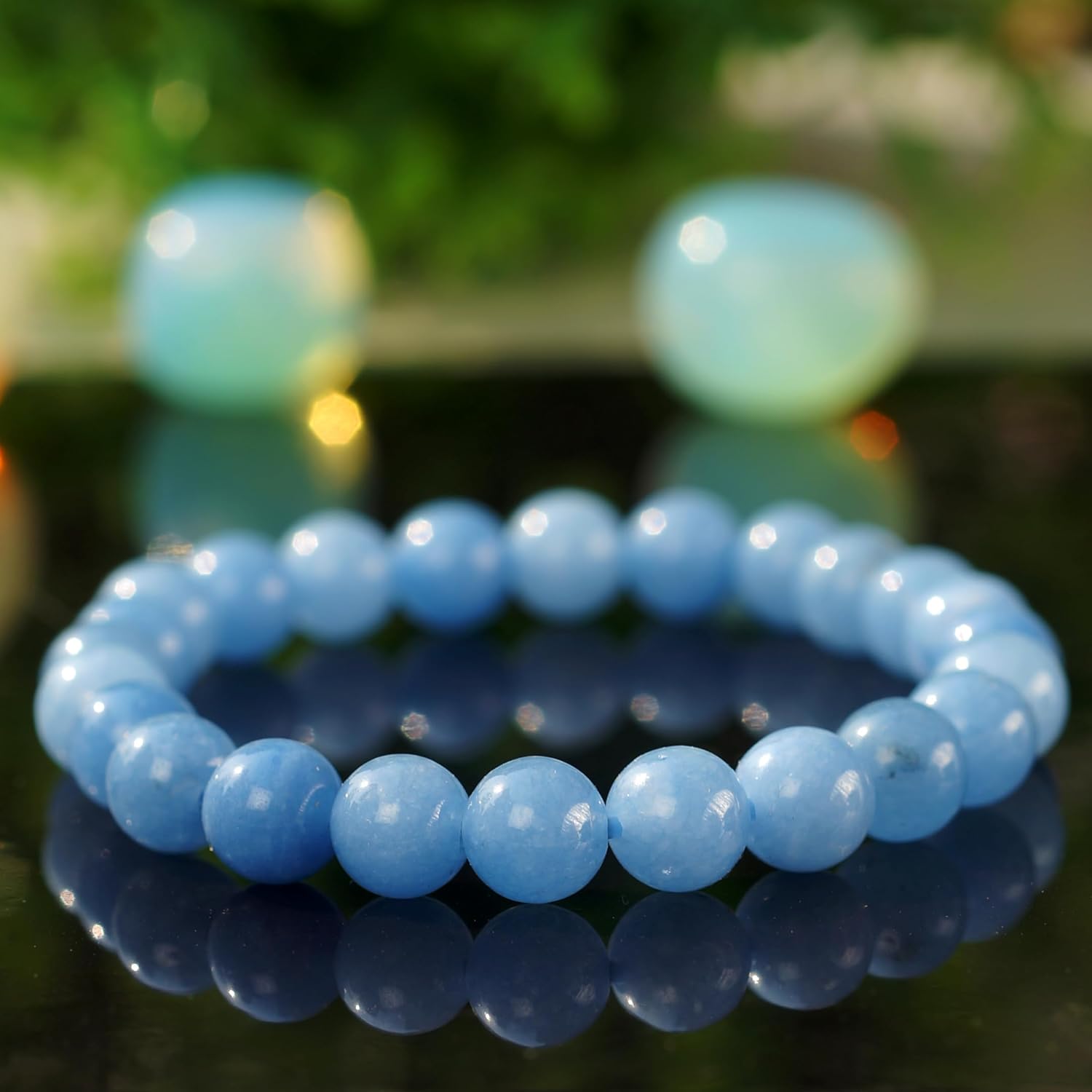 Crystal Agate Bracelets - Soothing Modern Strand Bracelet - Natural Aquamarine - Blue, White - Toggle Clasp - Round Cut - Everlasting Joy - Image 4