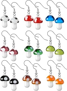 9 Pairs Mushroom Earrings for Women Long Pendant Glass Mushroom Earring Colorful Steampunk Earring Creative Funny Cute Weird Jewelry Women's Drop and Dangle Earrings