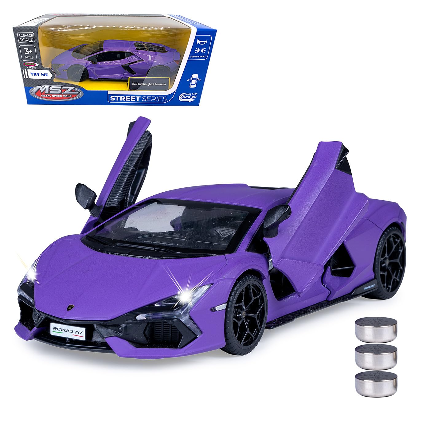 JAMARA 402619 Lamborghini Revuelto Diecast 1:​32 avec Piles Bouton – Jouet Miniature pour Enfants, idée Cadeau pour Enfants, Portes Ouverture/​Fermeture Manuelle