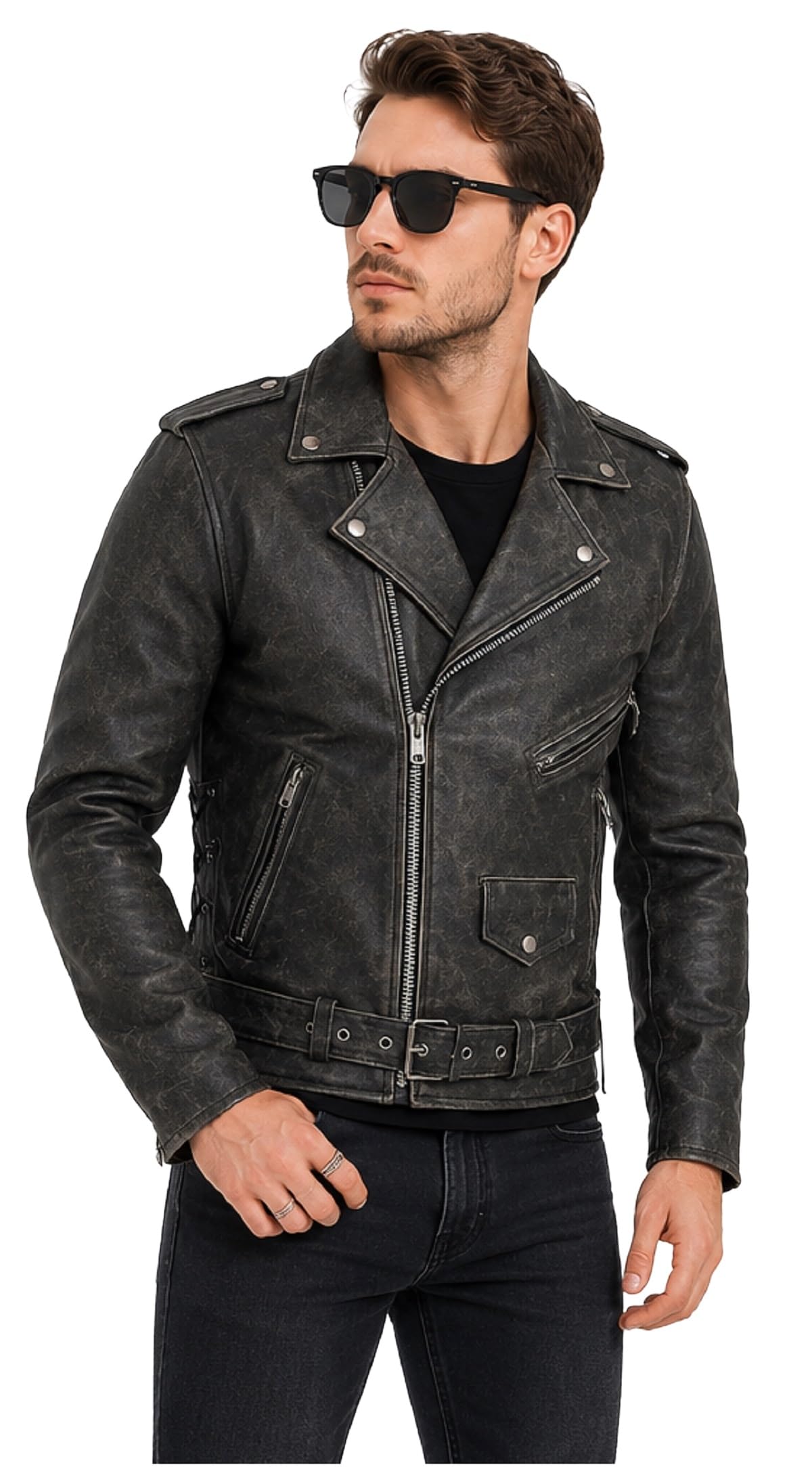Chaqueta de motociclista de cuero negro desgastado para hombre, chaqueta vintage para motocicleta Negan