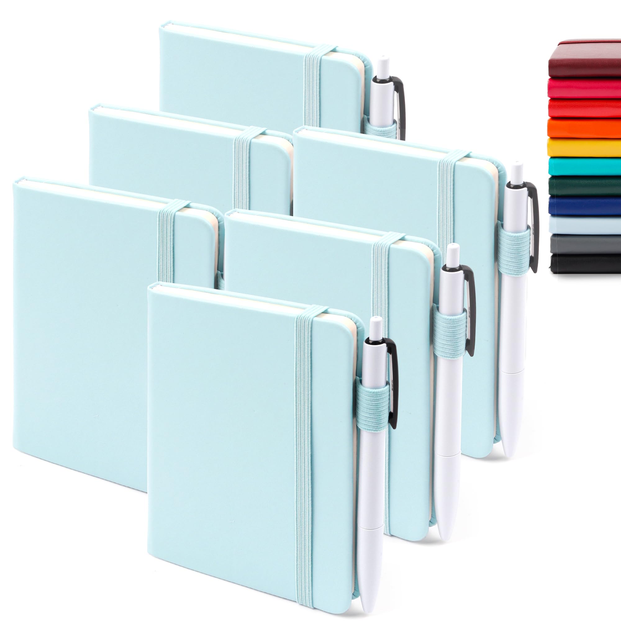 Feela - Confezione Da 6 Mini Quaderni Tascabili, Con Copertina Rigida E Rigata, Con Portapenne Per Lavoro Scolastico, Con 6 Penne Nere, 8,9 X 14 Cm, A6, Blu Cielo-image