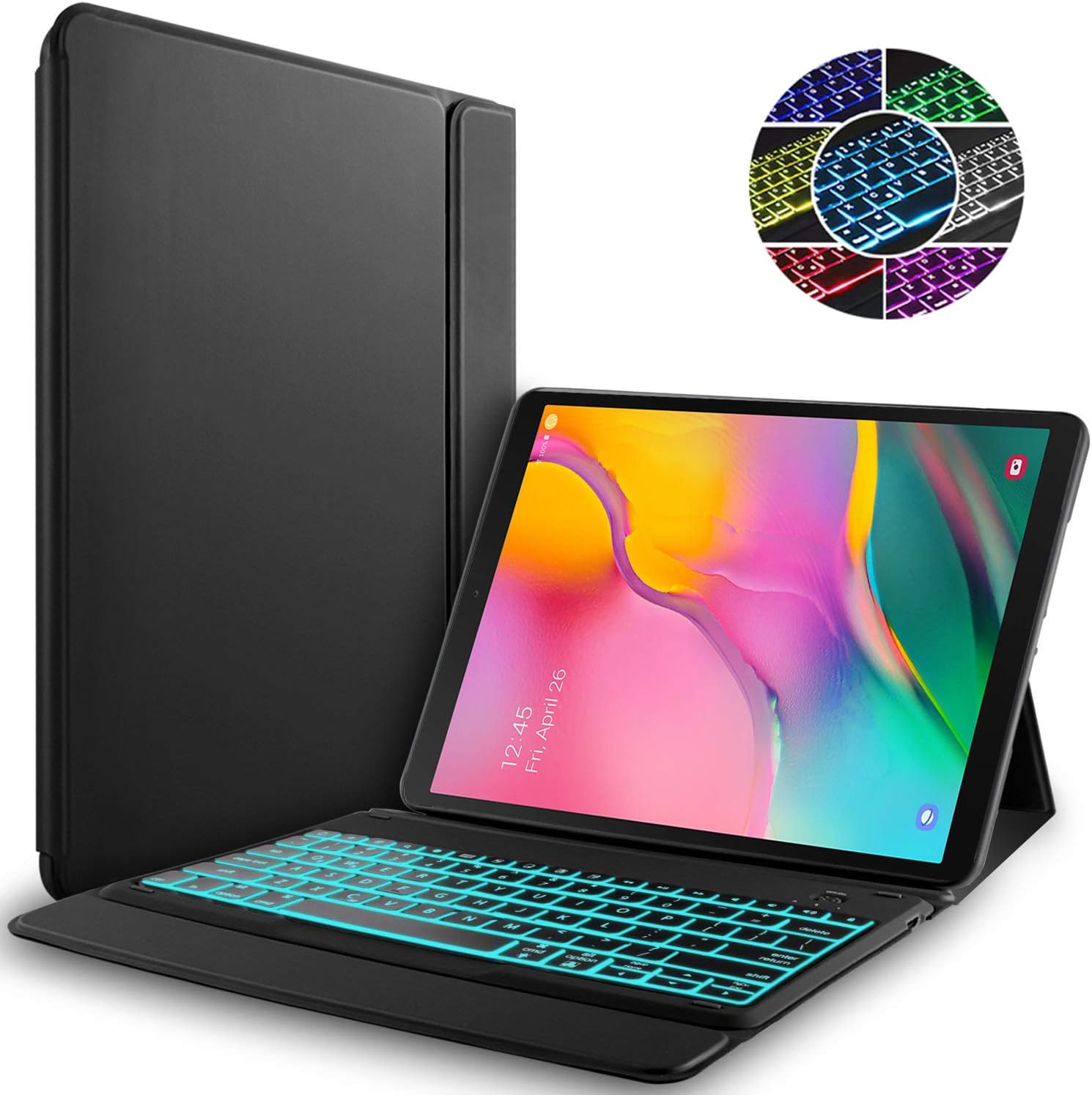 RLTech Samsung Galaxy Tab A 10.1 2019 Keyboard Case - (QWERTY Layout), 7 Colors Backlit Ultra Slim Flip One-Piece Wireless Keyboard Stand Case Cover for Samsung Galaxy Tab A T510/T515 10.1 2019, Black