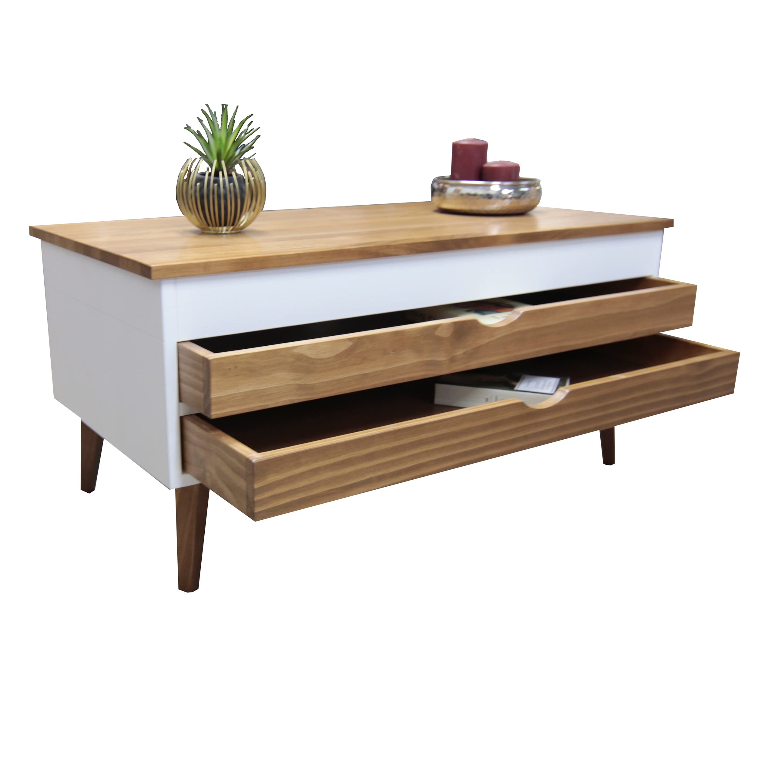 LoMasCasa - Mesa de Centro Salón Elevable Modelo Luzia 5 con Dos Cajones Deslizantes en Color Blanco y Madera Color Nogal Medidas 100x50x47 cm