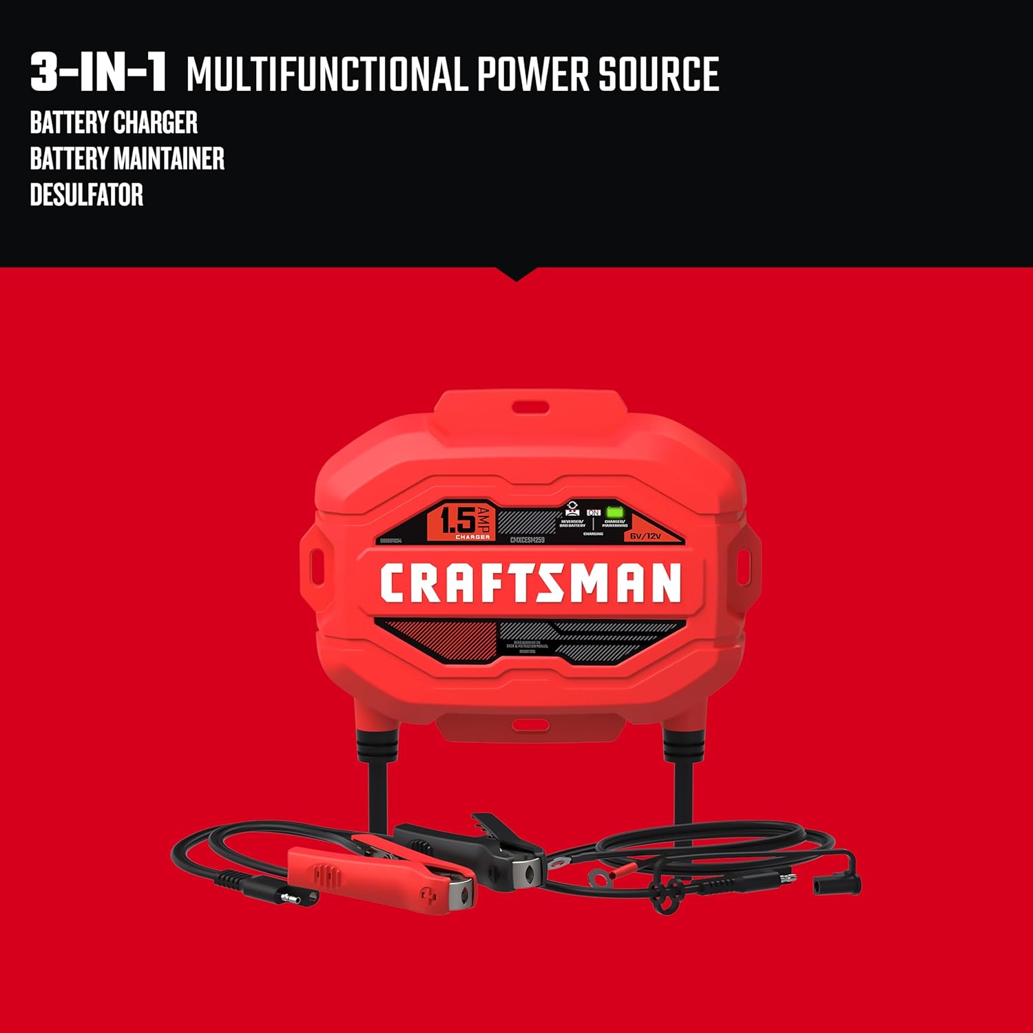 CRAFTSMAN 1.5A Car Battery Charger and Maintainer, 3-in-1 Solution, for 6V/12V Power Sport, Automotive, and Marine Batteries, CMXCESM259