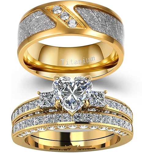Couple Ring Bridal Set His And Hers Women 10k Yellow Gold Filled Square CZ Men Stainless Steel Band Wedding Ring Band Set