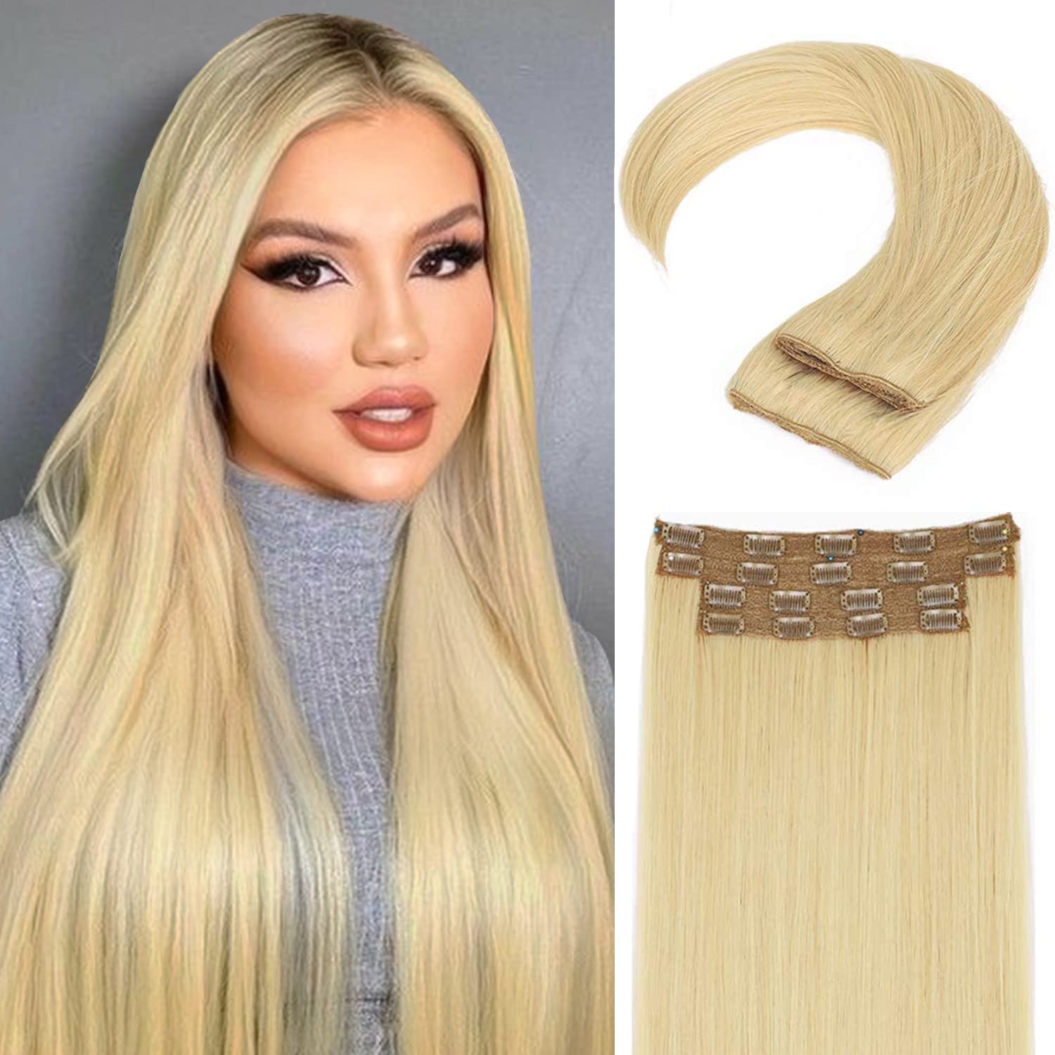 Sué Exquisite Straight Hair Extensions Clip in Long Synthetic Hair Extensions 20 inches Thick Hairpieces for Women (20 Inch, ST-Blonde Mix Beige)